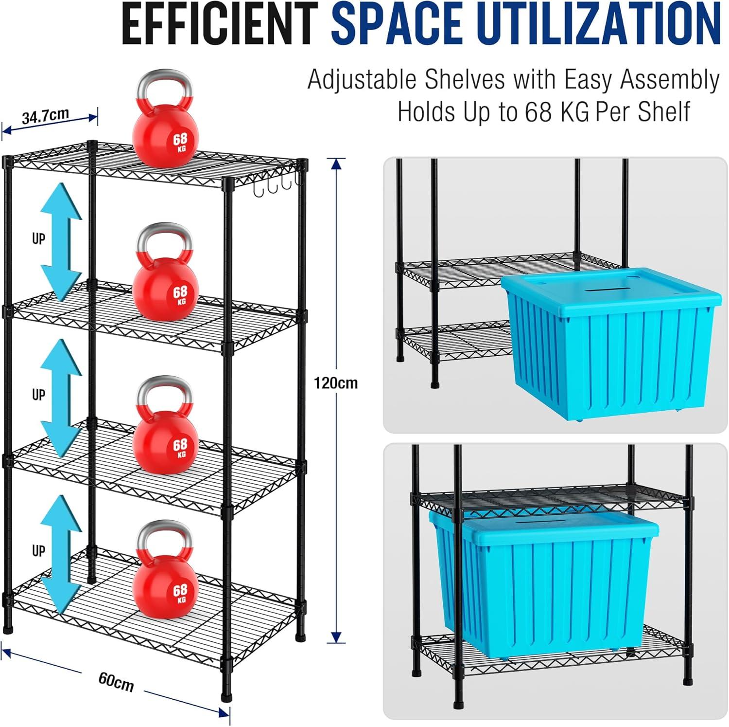 WORKPRO Storage Shelves, 4 Tier Metal Shelving Unit, Garage Wire Rack, Standing Adjustable Shelves with Hooks for Pantry Closet Kitchen Basement 24" W x 14" D x 48" H, 600 lbs Total Capacity