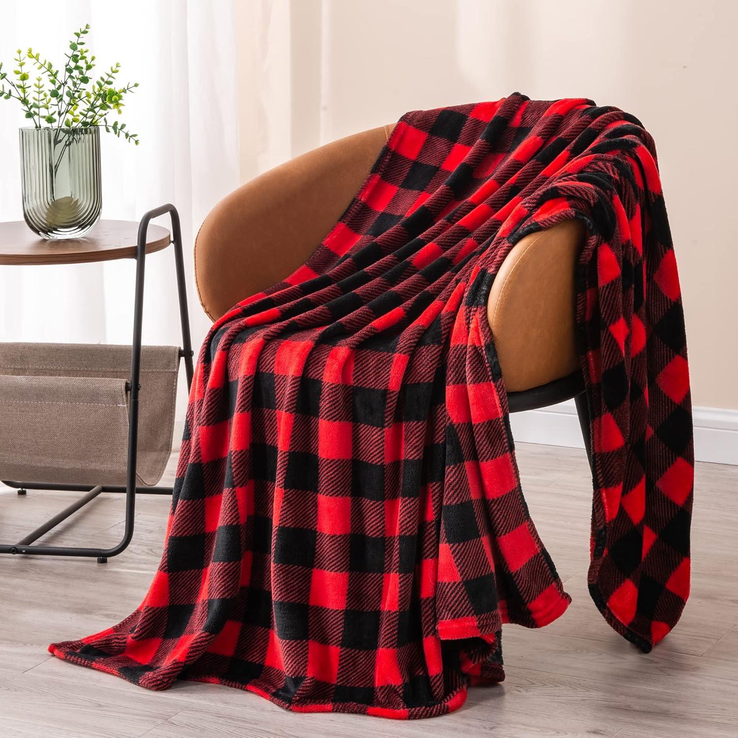 Fleece Throw Blanket for Couch Sofa Bed, Buffalo Plaid Decor Red and Black Checkered Blanket, Cozy Fuzzy Soft Lightweight Warm Blankets for Winter and Spring