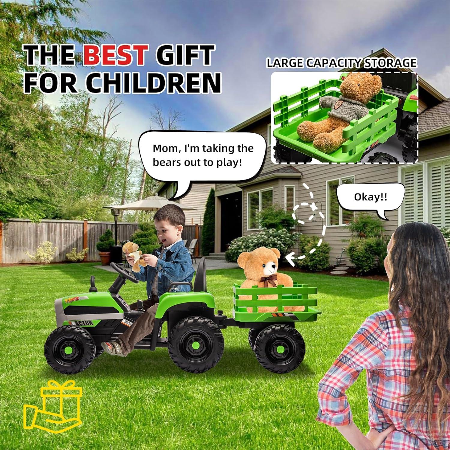 HNH 12V Ride on Tractor with Trailer,12V Battery Powered Electric Tractor Toy with Remote Control,Electric Car for Kids,Three Speed Adjustable,Power Display, Bluetooth,LED Light