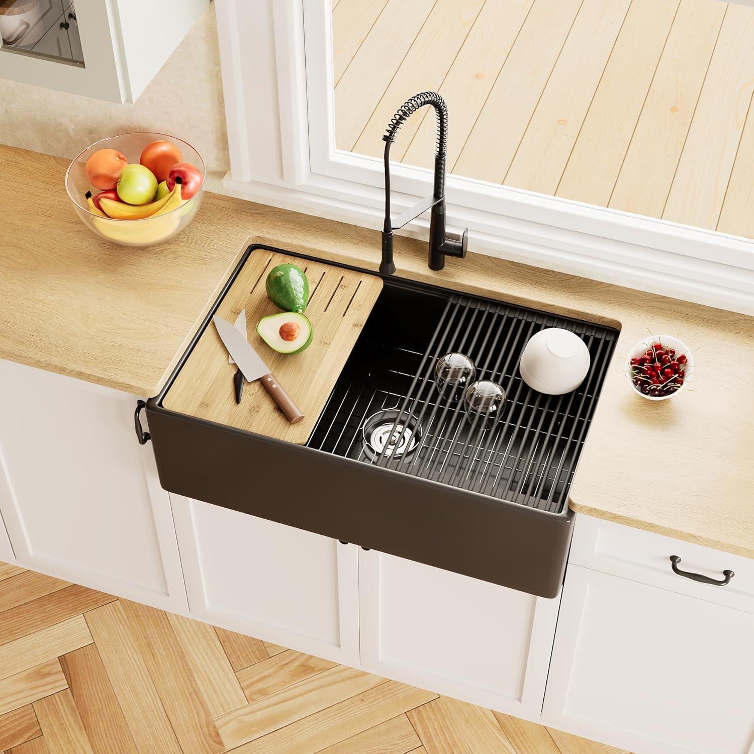 33"L x 20"W Farmhouse Kitchen Sink Deep Single Bowl Fireclay Workstation Sink with Cutting Board and Dish Drying Rack