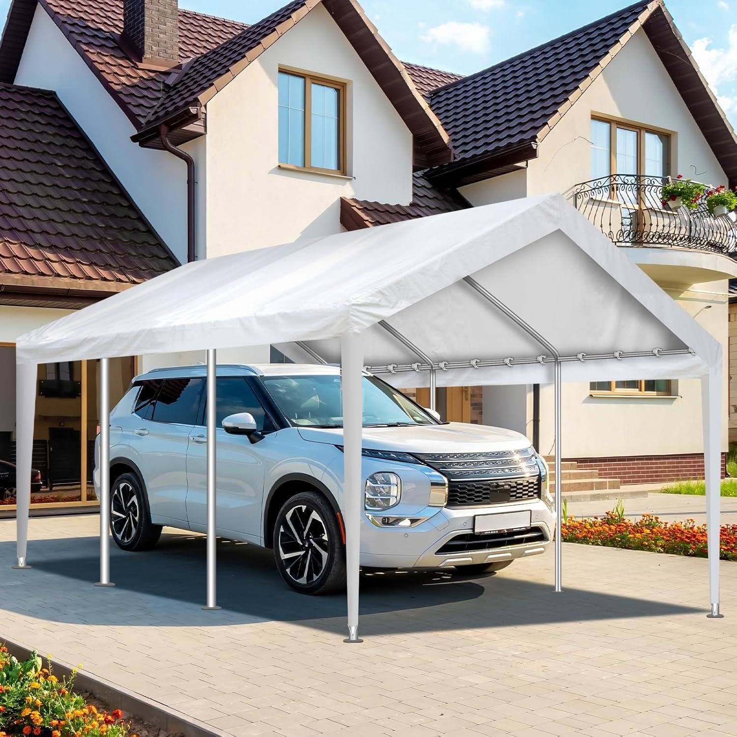 White 10'x20' Waterproof UV-Resistant Carport Canopy Cover with Bungee Cords