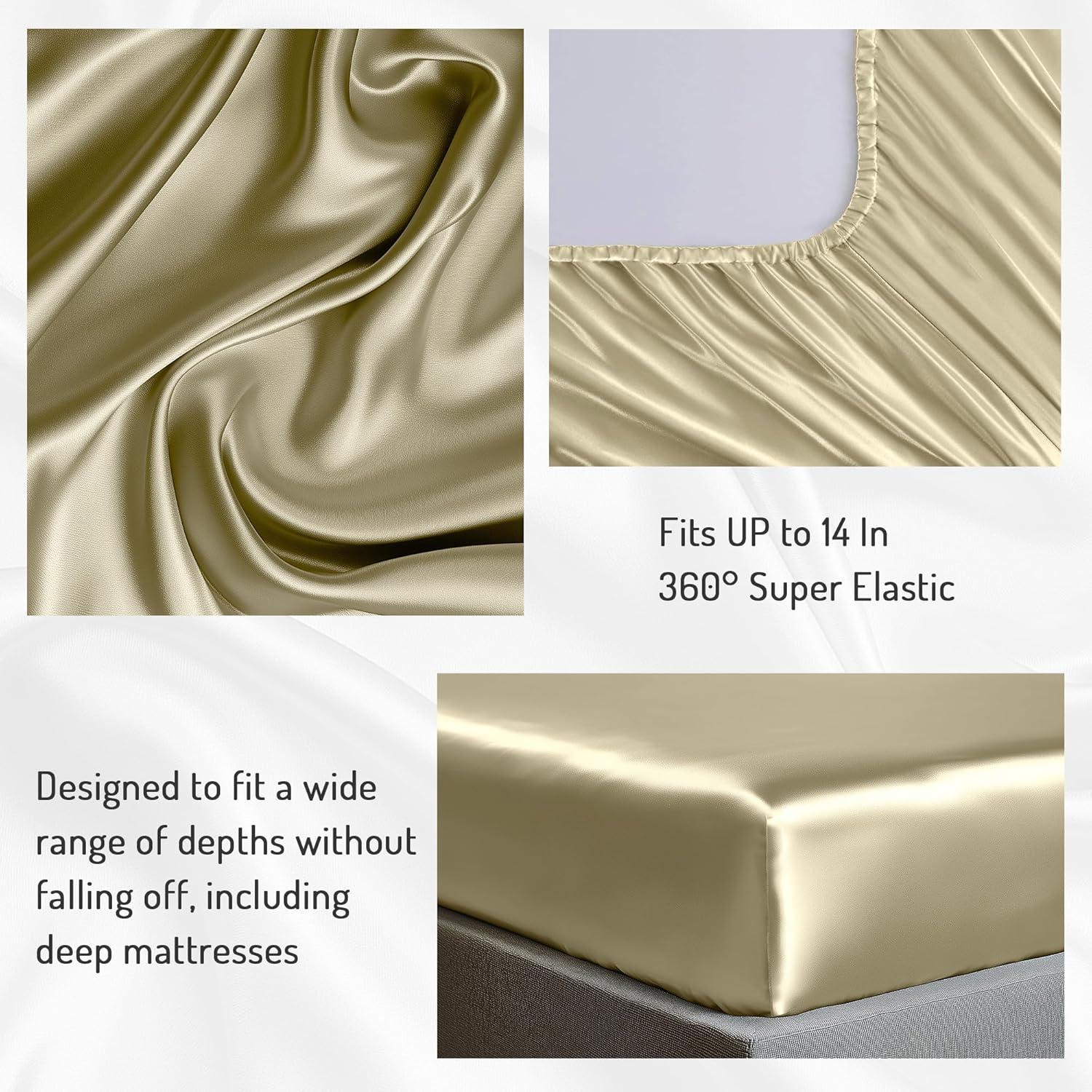 Degrees of Comfort Champagne Satin Sheet Set for Queen Size Bed – 6 Piece Silky and Soft Sheets with 14 Inches Deep Pocket