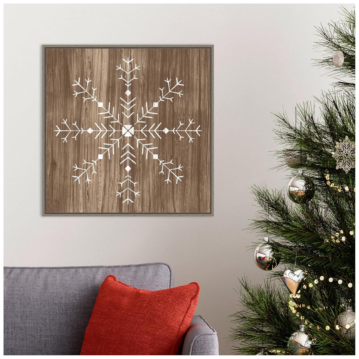 22" x 22" Barnwood Wonderland I Snowflake Framed Wall Canvas - Amanti Art: Hand-Stretched, Lithograph Print, MDF Frame