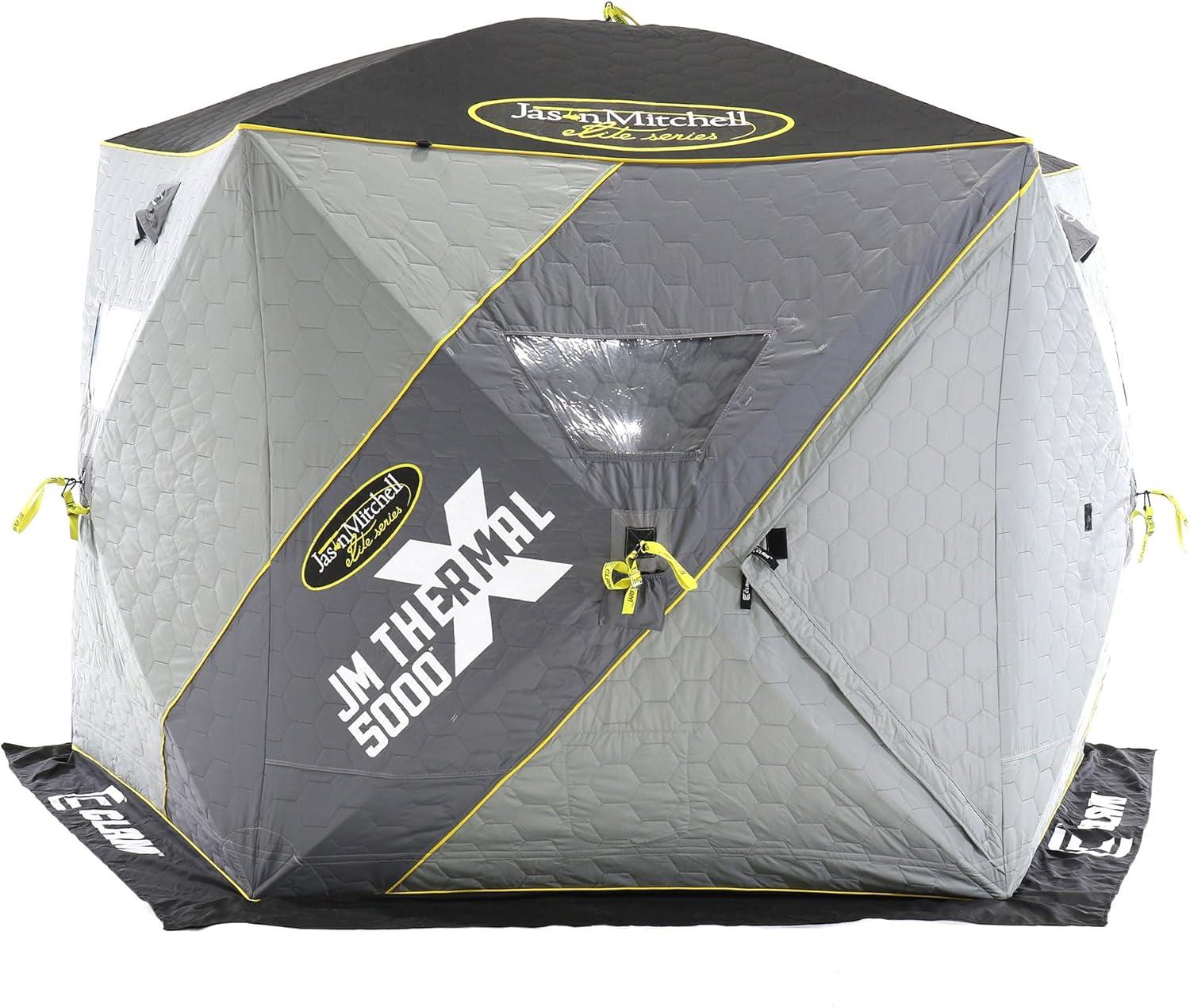 CLAM 14471 Portable 4 to 6 Person 9 Foot Jason Mitchell X5000 Ice Fishing Angler Thermal Hub Shelter Tent with Anchors, Tie Ropes, and Carrying Bag
