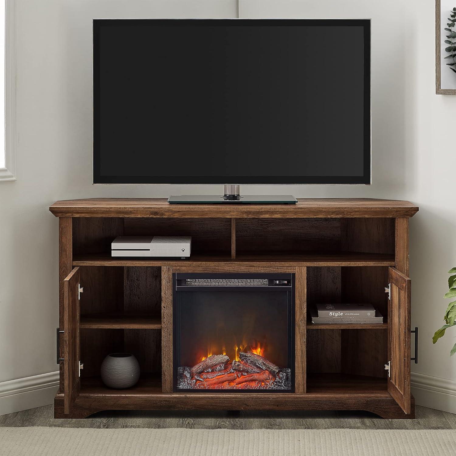 Rustic Oak Corner TV Stand with Fireplace and Cabinet