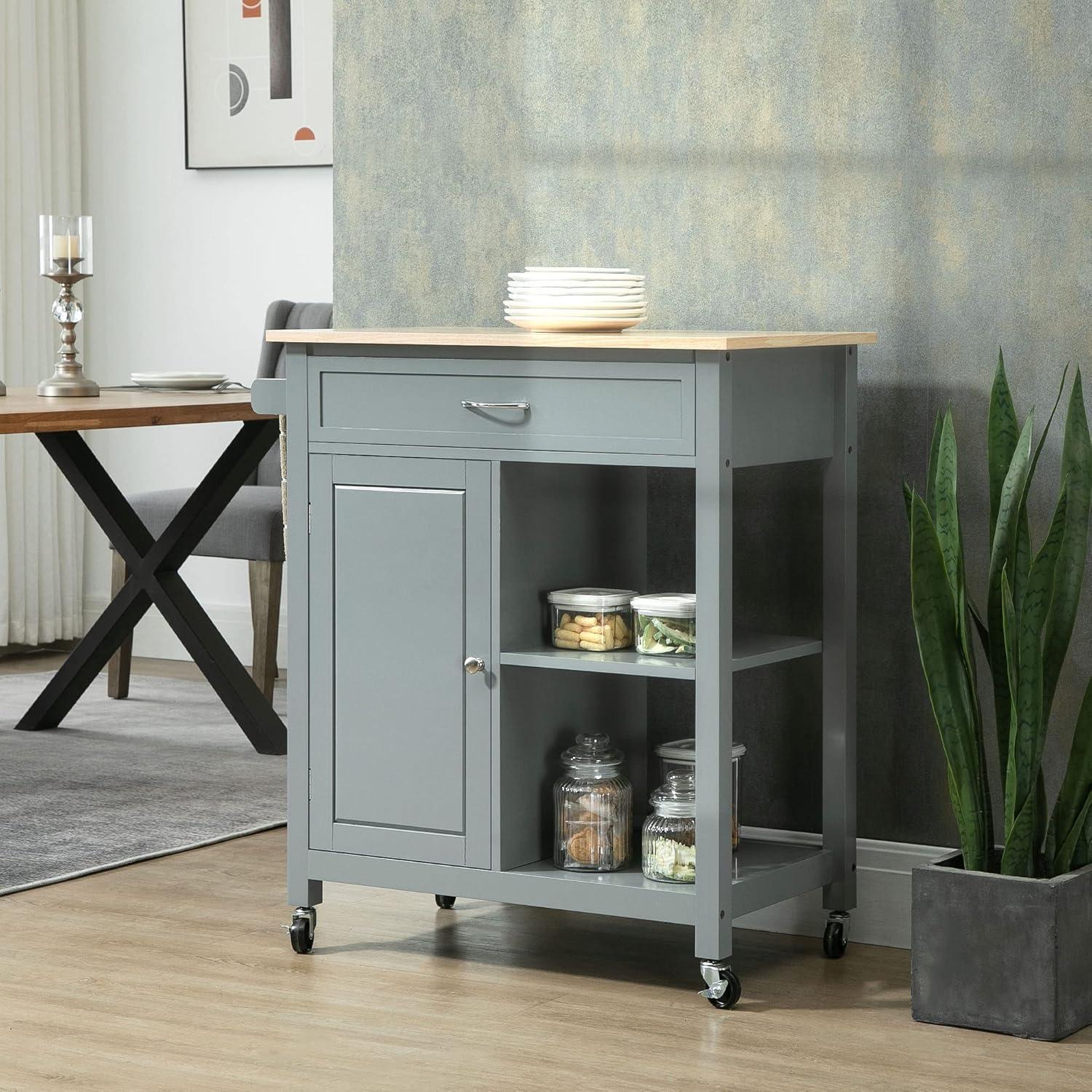 Gray Wood Kitchen Cart with Butcher Block Top and Storage