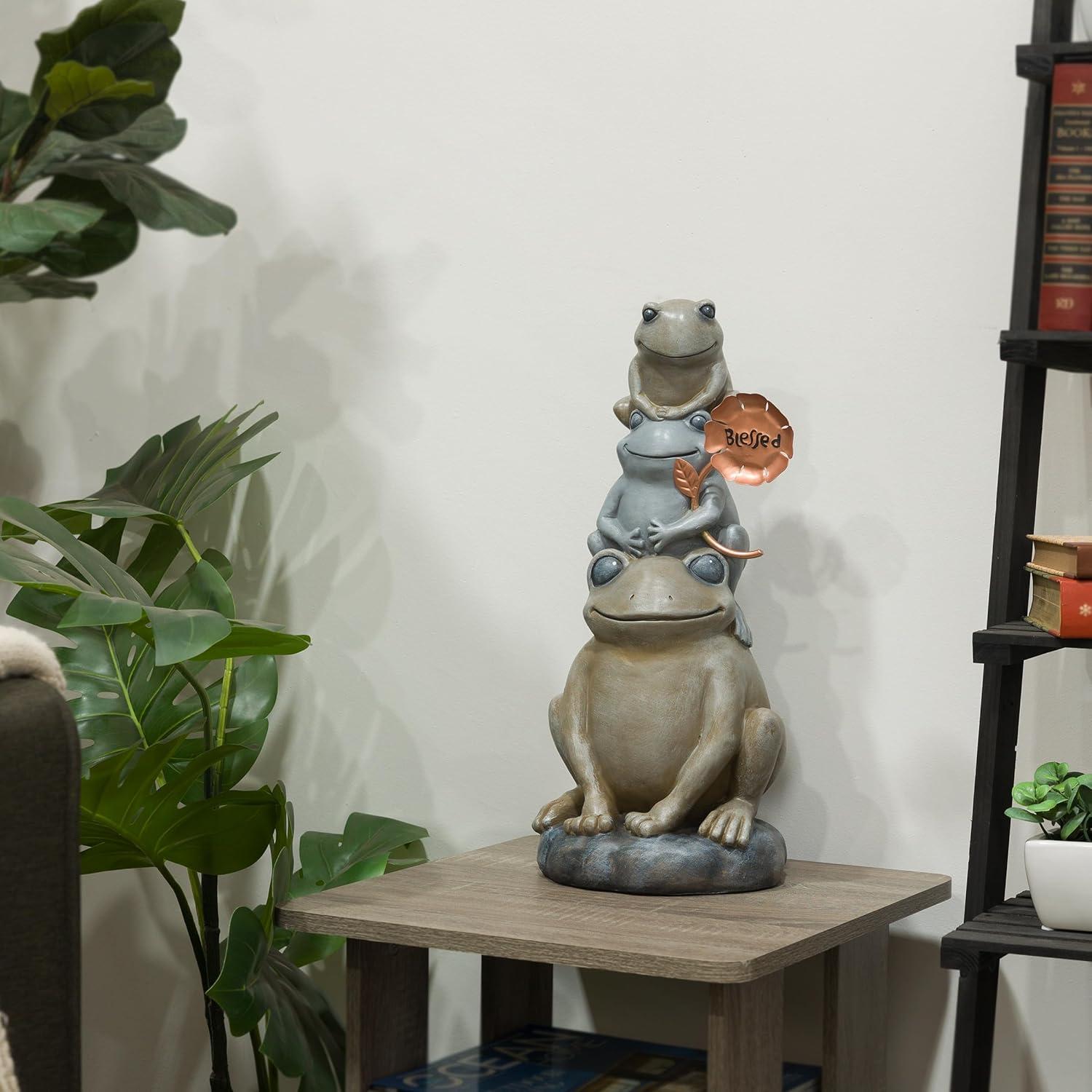 18" Polyresin Stacked Frogs with Flower Indoor/Outdoor Decorative Garden Statue Heathered Gray/Olive Green - Alpine Corporation