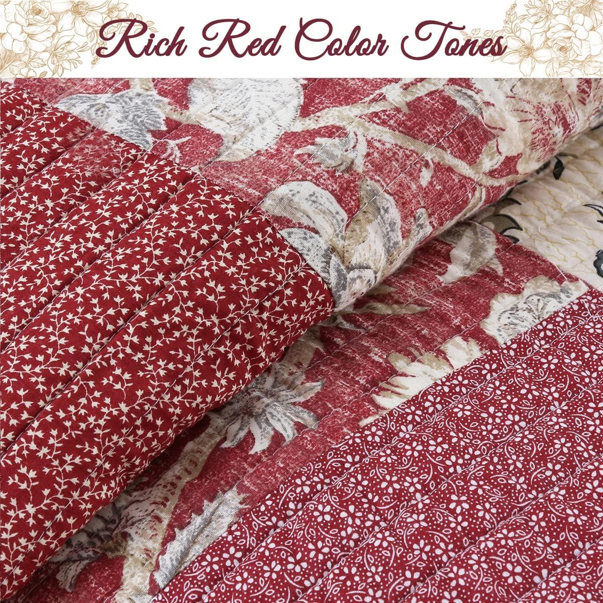 Cozy Line Thalia Real Patchwork Red Floral 3 Piece Reversible Cotton Quilt Bedding Set Queen