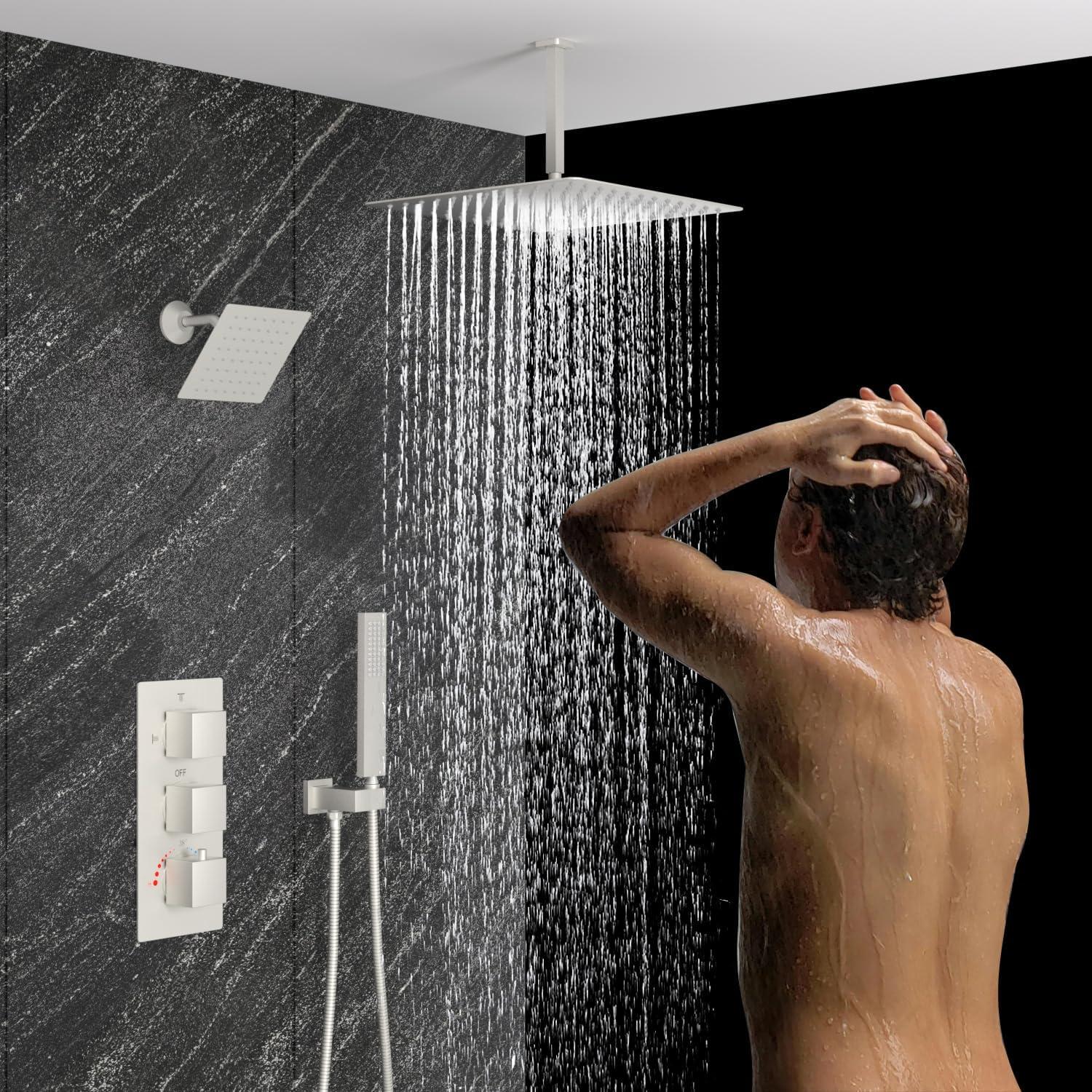 GRANDJOY 16 inch Complete Dual Shower Head System, Celling Mounted Shower Faucet Set with Hand Shower Head, Rough in-Valve, 6 Massage Body Jets - Matte Black