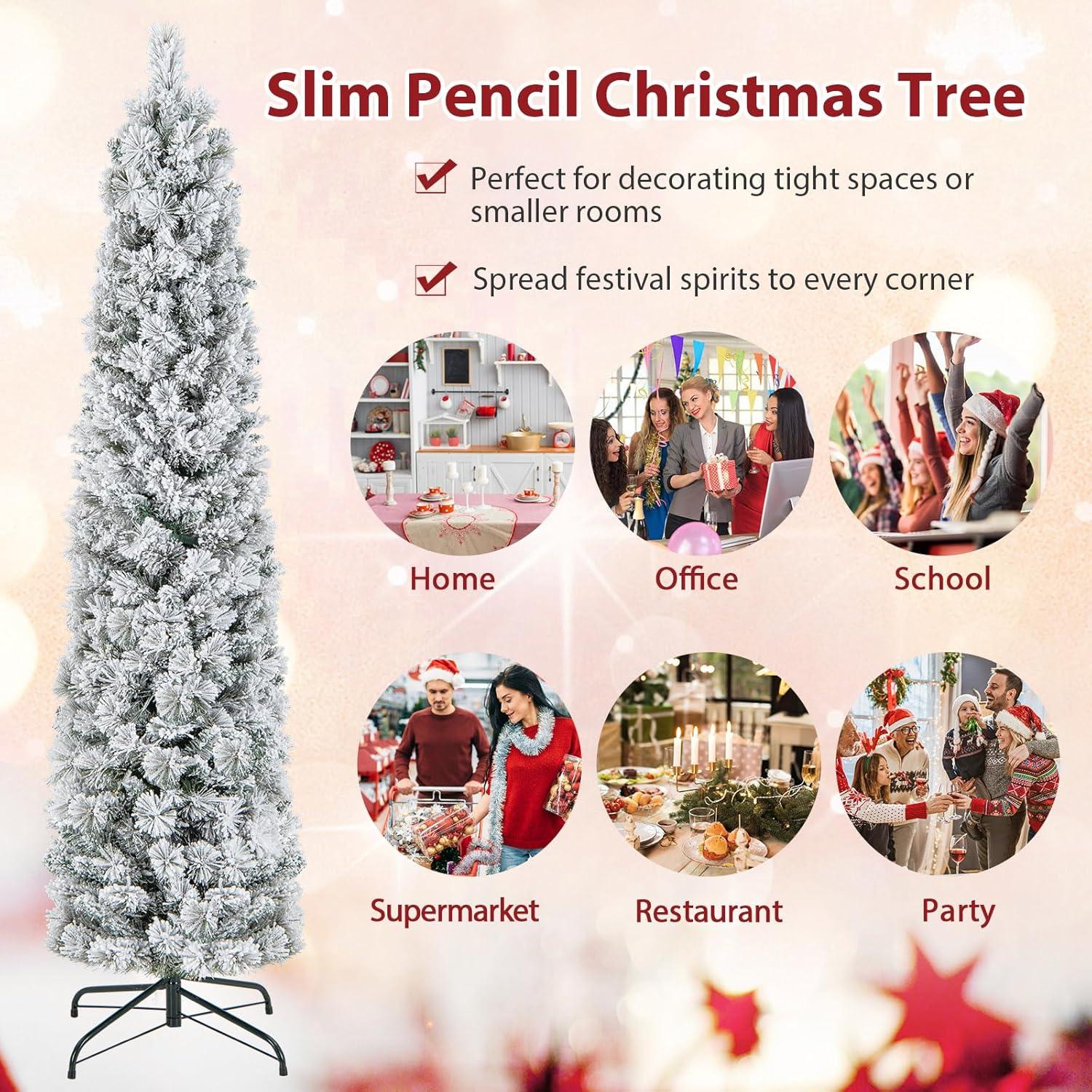 Tangkula 4.5/6/7FT Pre-lit Artificial Christmas Tree Snow-flocked Pencil Xmas Tree with 100/150/210 Warm White Lights 258/373/466 Branch Tips