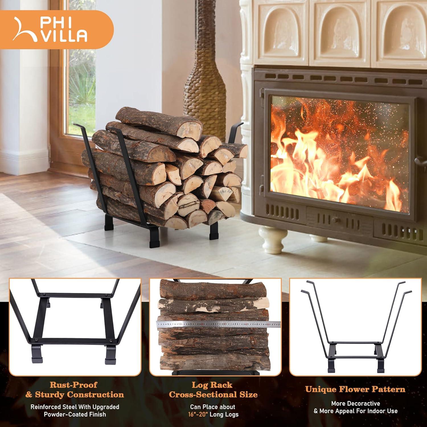 PHI VILLA 20 Inches Medium Decorative Indoor/Outdoor Firewood Log Rack Bin with Scrolls, Black