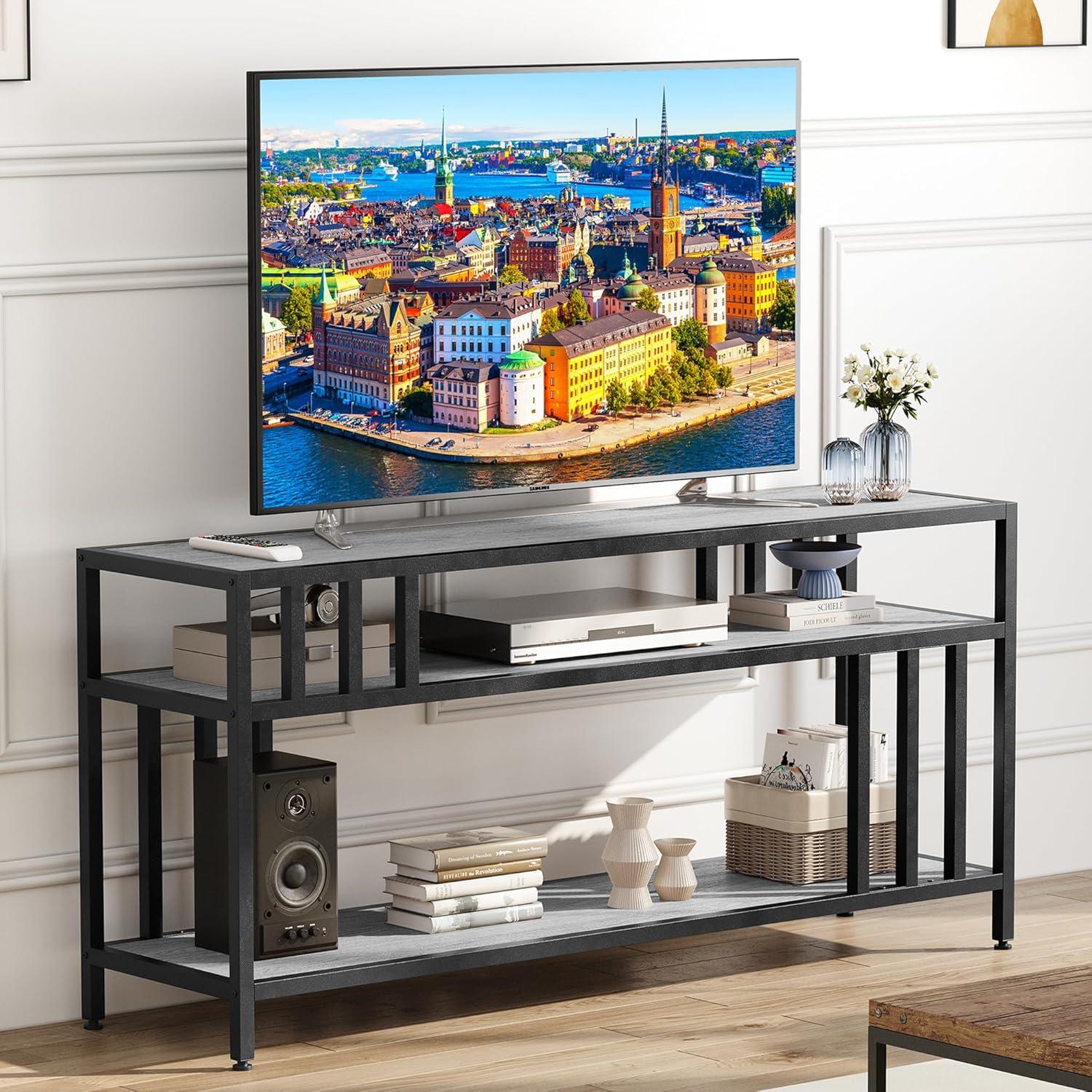 GarveeHome 58'' TV Stand for TV up to 65 Inches, Entertainment Center with Open Storage Shelves, TV Media Console Table with Quadruple-Tube Support for Living Room, Bedroom - 58" Grey