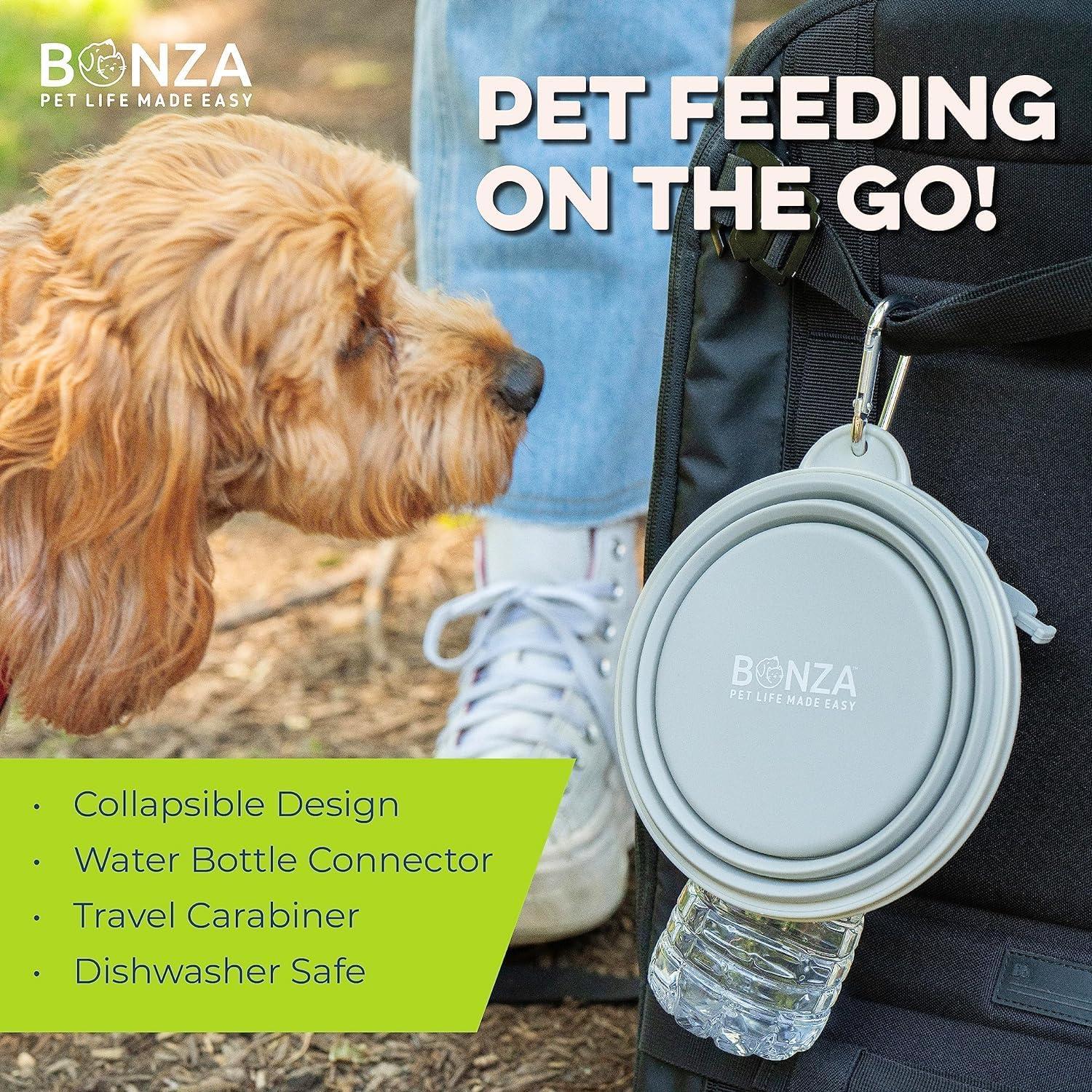 Bonza by Leash Boss Small Collapsible Dog Bowl, Sturdy Reinforced Rim, Includes Carabiner & Water Bottle Holder Keychain, Black