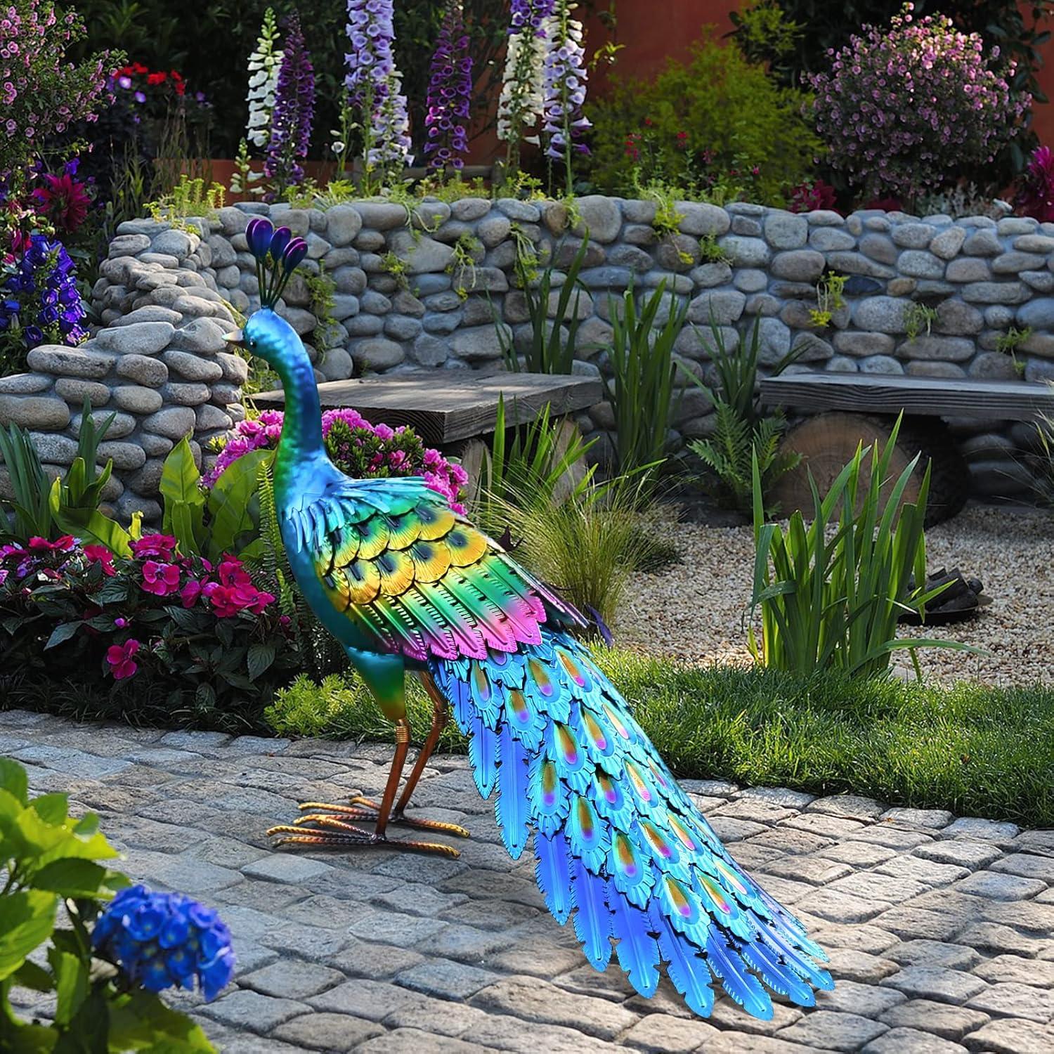 Handmade Colorful Metal Peacock Garden Statue for Outdoor Decor