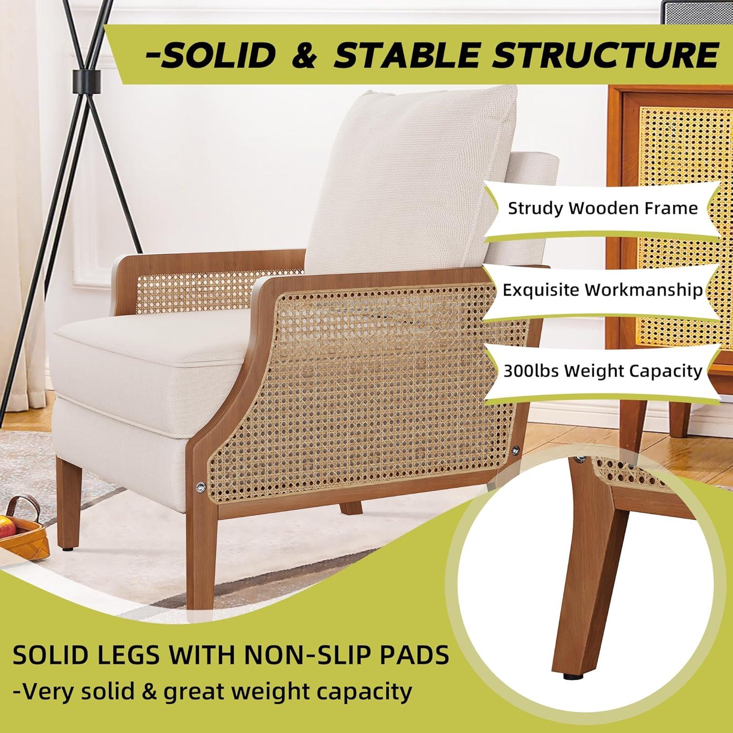 HAOBO Home Mid Century Modern Accent Chair Upholstered Living Room Chairs Armchair with Rattan Armrest Comfy Reading Chair with Wood Frame Lounge Side Chair with Waist Cushion