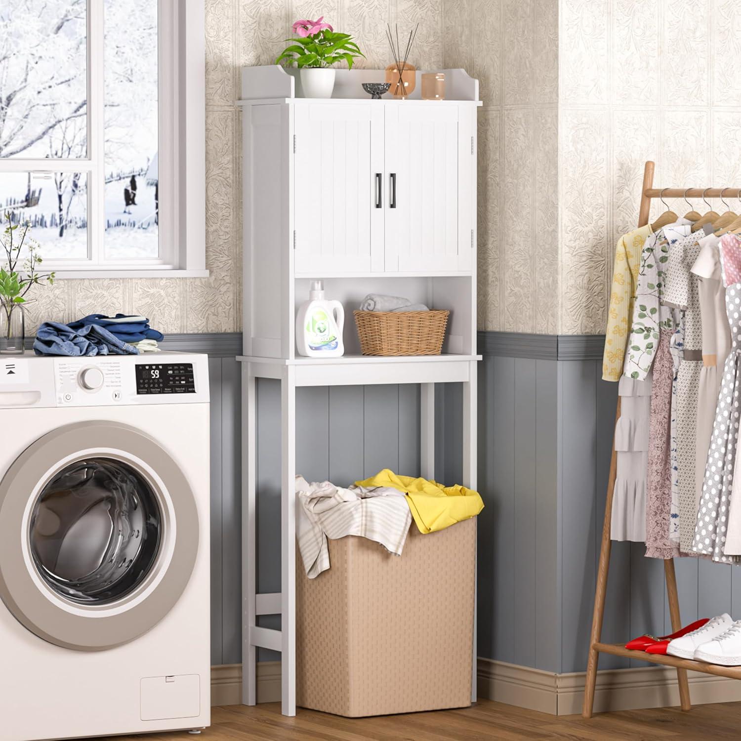 MUPATER Bathroom 67" Storage Cabinet Organizer with Shelves and Doors, Small Freestanding Toilet Shelf Space Saver with Anti-Tip Design and Adjustable Bottom Bar, White