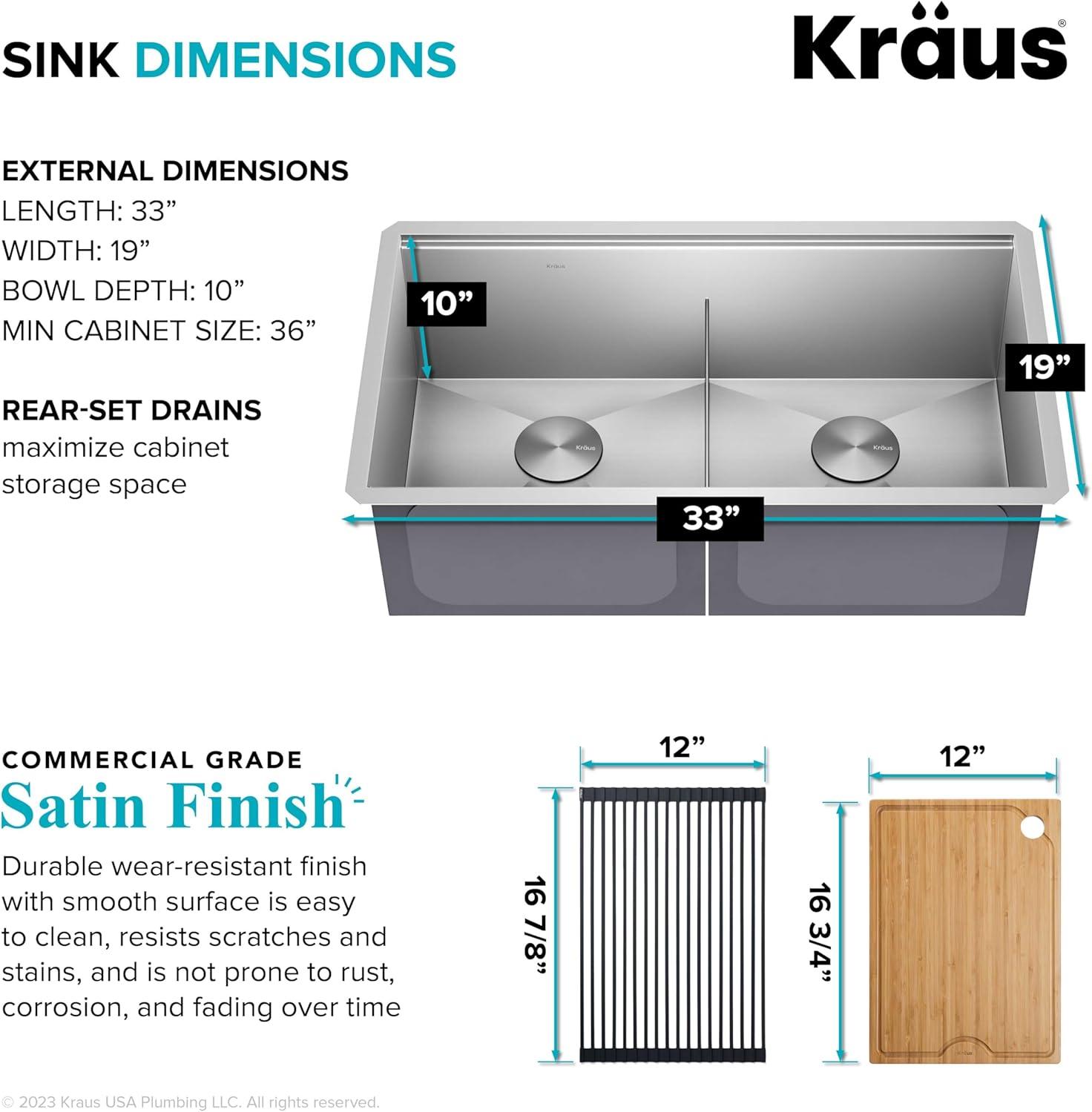 KRAUS Kore™ Workstation 33-inch L Undermount 16 Gauge Double Bowl Stainless Steel Kitchen Sink with Accessories