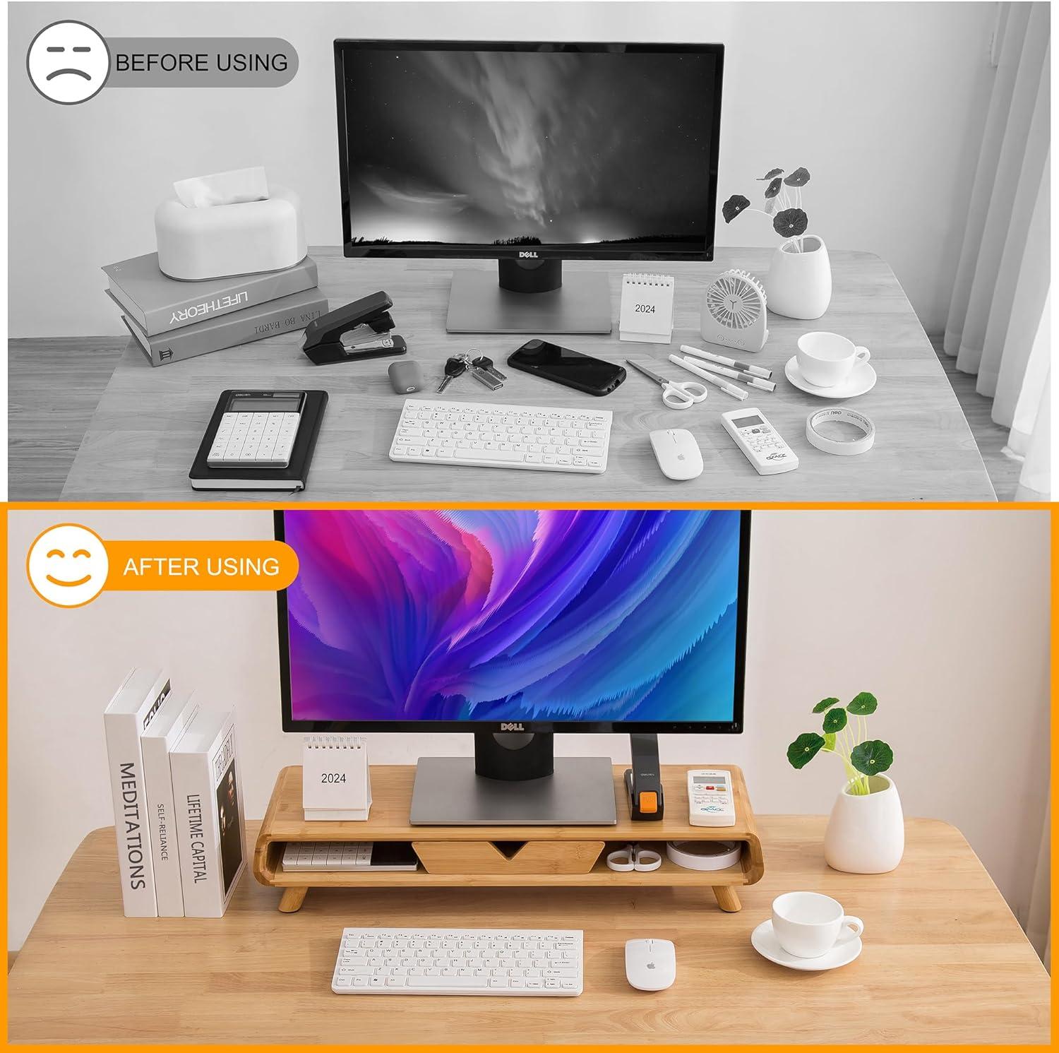 Bamboo Ergonomic Monitor Stand Riser with Drawer