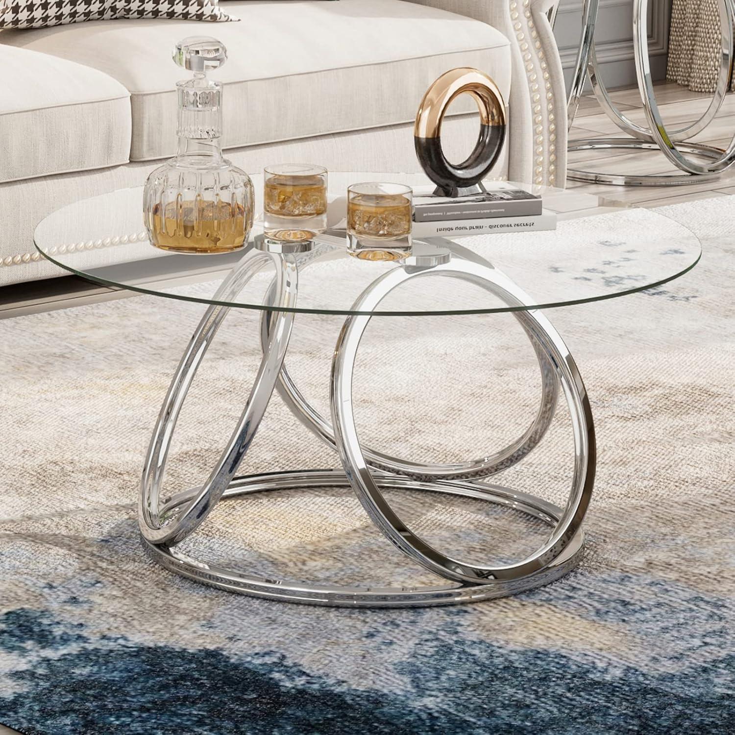 Myhozm Contemporary Glass Top Round Coffee Table Chrome