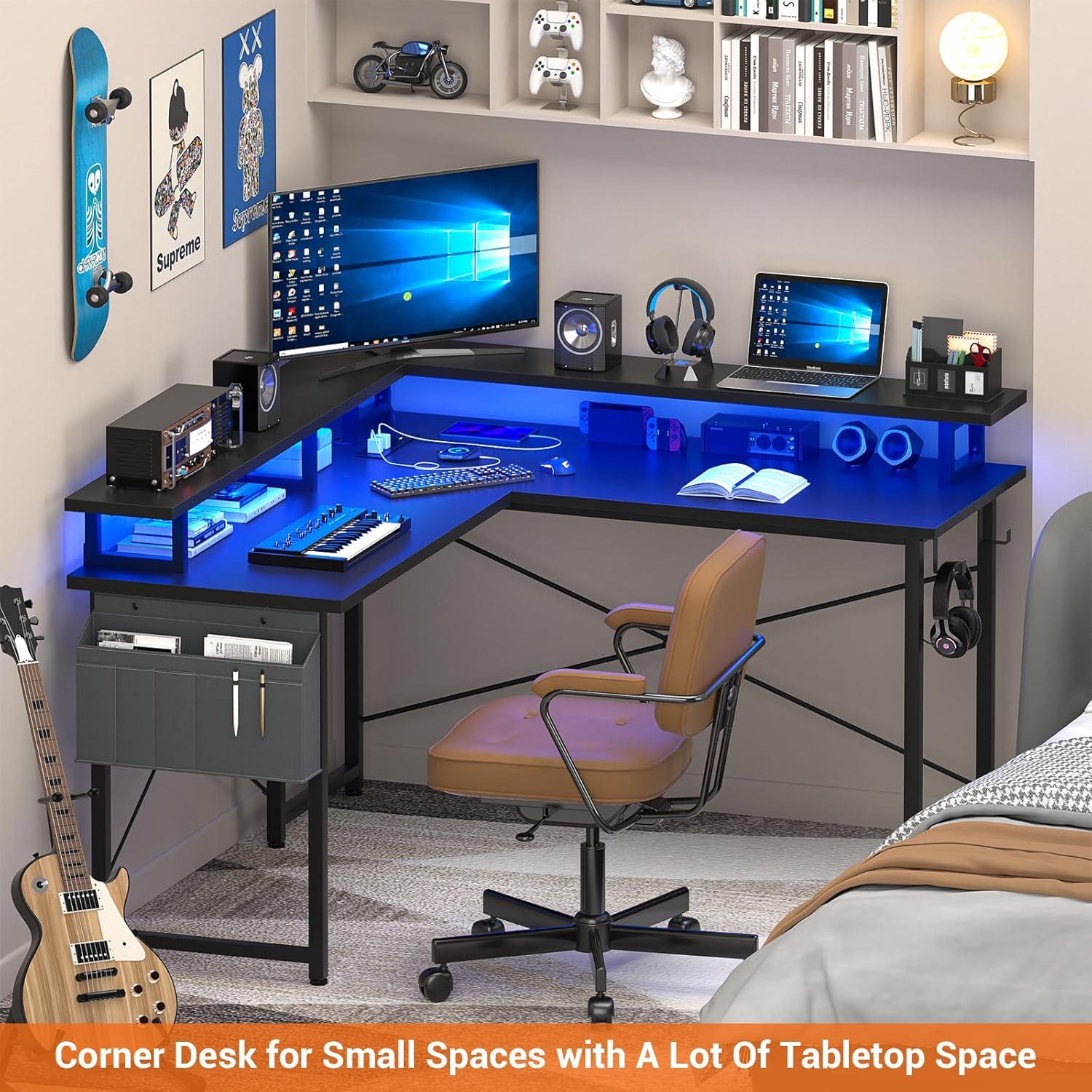 Black L-Shaped Gaming Desk with Power Outlets and Storage