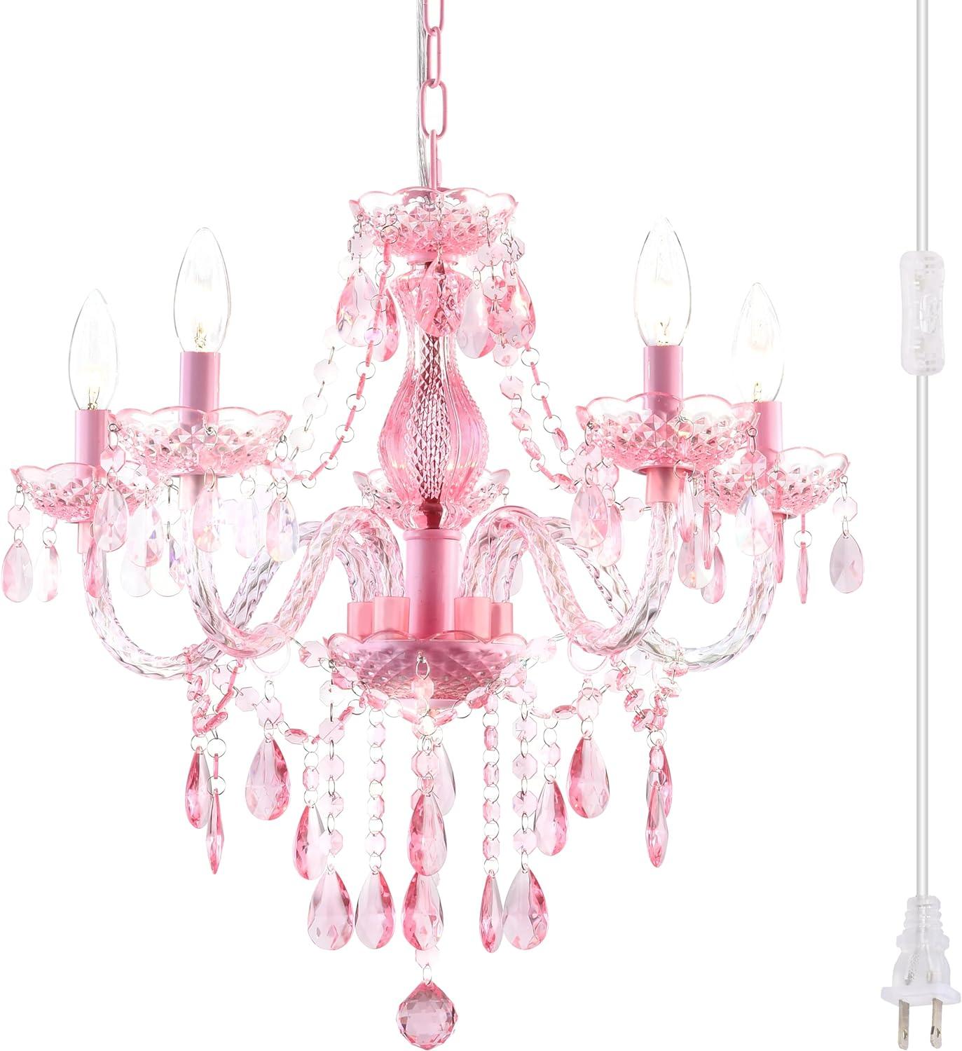 Plug-in 5 Lights Pink Crystal Hanging Pendant Light Acrylic Chandelier with Clear Cord & On/Off Switch H19 D19.7 for Kitchen Island Girls' Room Dining Area Laundry Pavilion.
