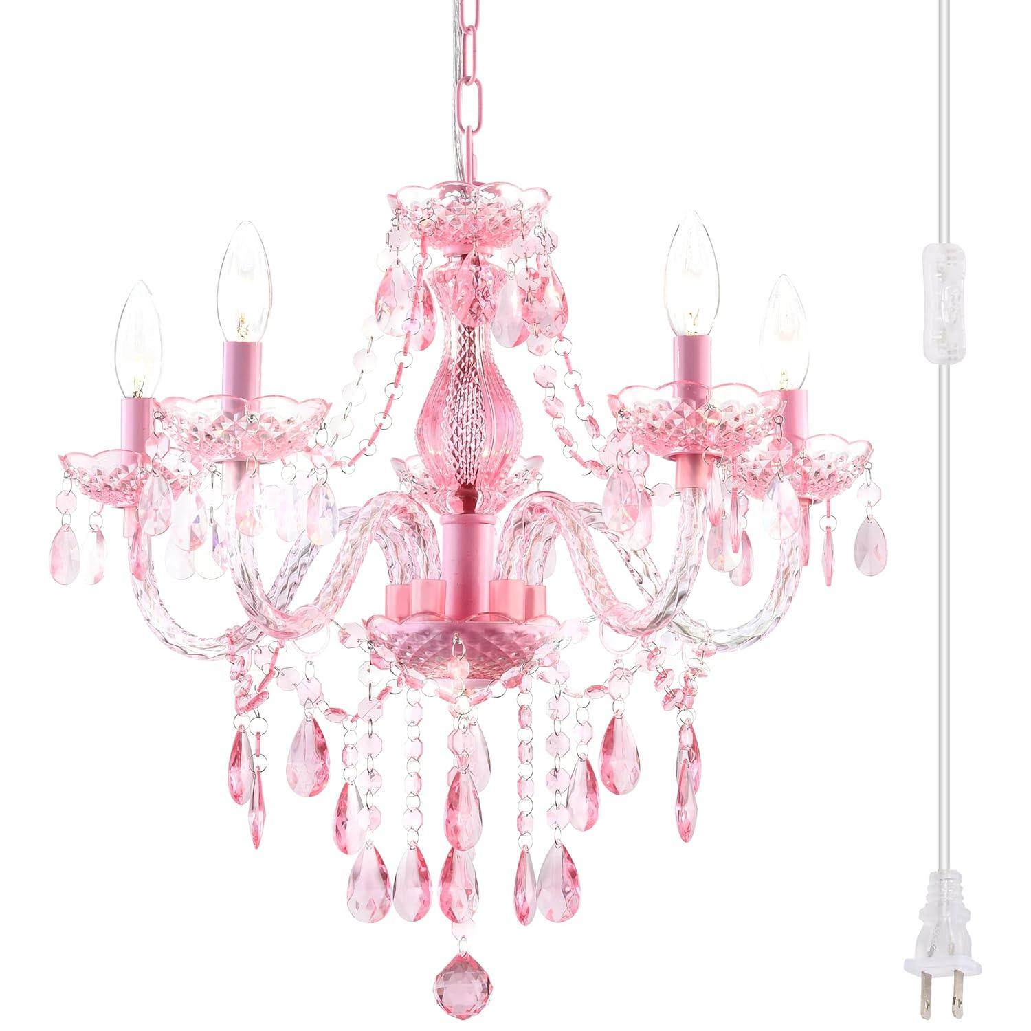 Plug-in 5 Lights Pink Crystal Hanging Pendant Light Acrylic Chandelier with Clear Cord & On/Off Switch H19 D19.7 for Kitchen Island Girls' Room Dining Area Laundry Pavilion.