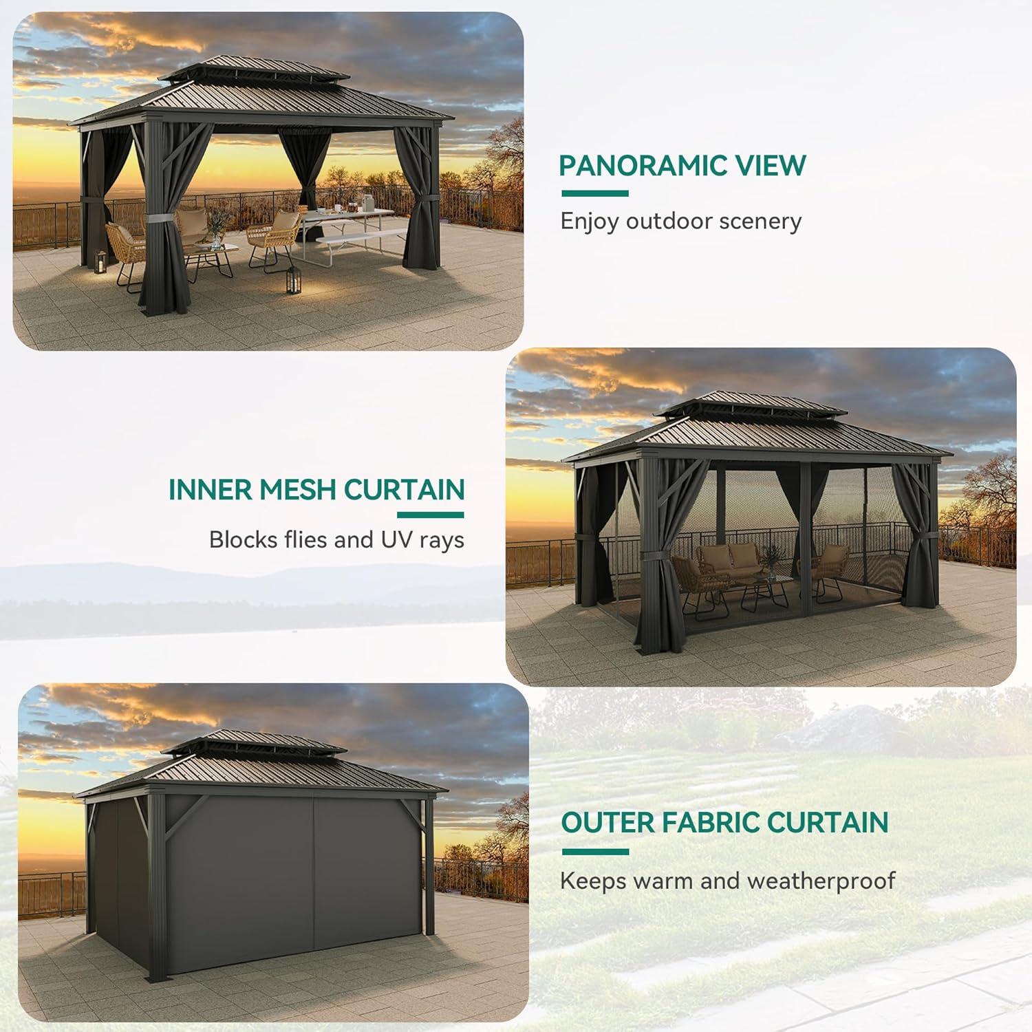 Sunmthink 12' x 16' Outdoor Hardtop Gazebo, Galvanized Double Roof Gazebo with Curtain and Netting for Patio, Garden, Lawn, Party