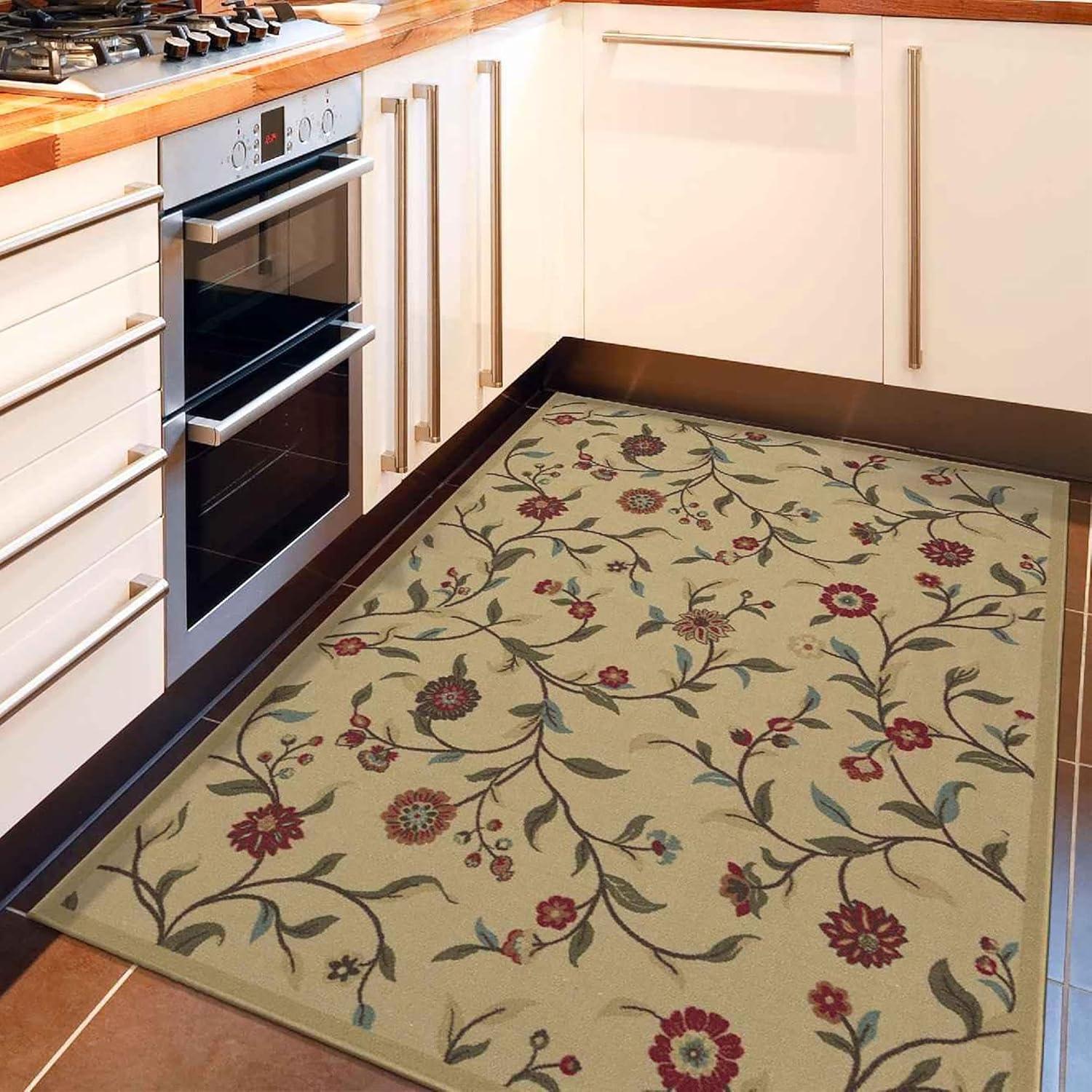 Ottohome Machine Washable Non-Slip Rubberback Floral Leaves Area Rug