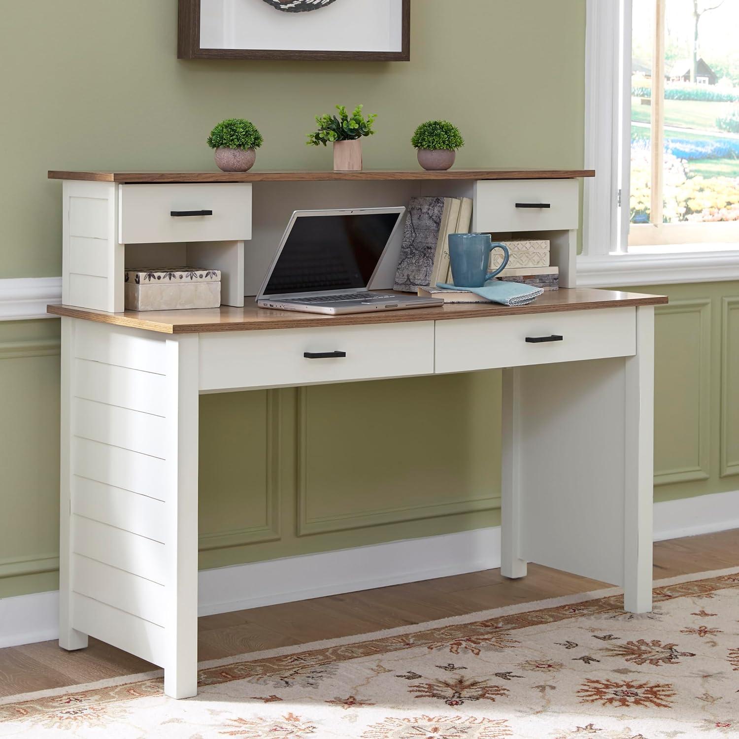 Portsmouth Coastal White Writing Desk with Oak Veneer Hutch