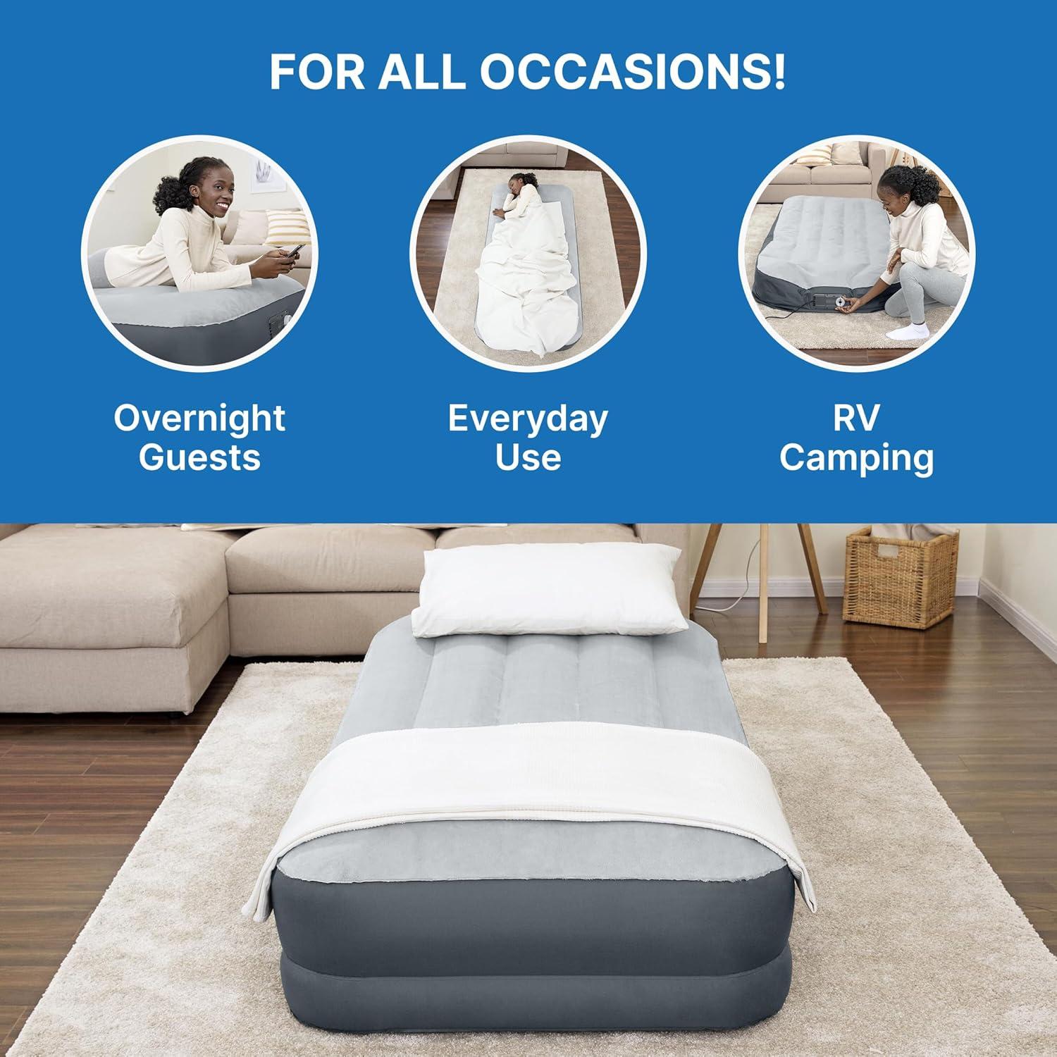 Twin Gray Polyester Inflatable Air Mattress with Built-in Pump