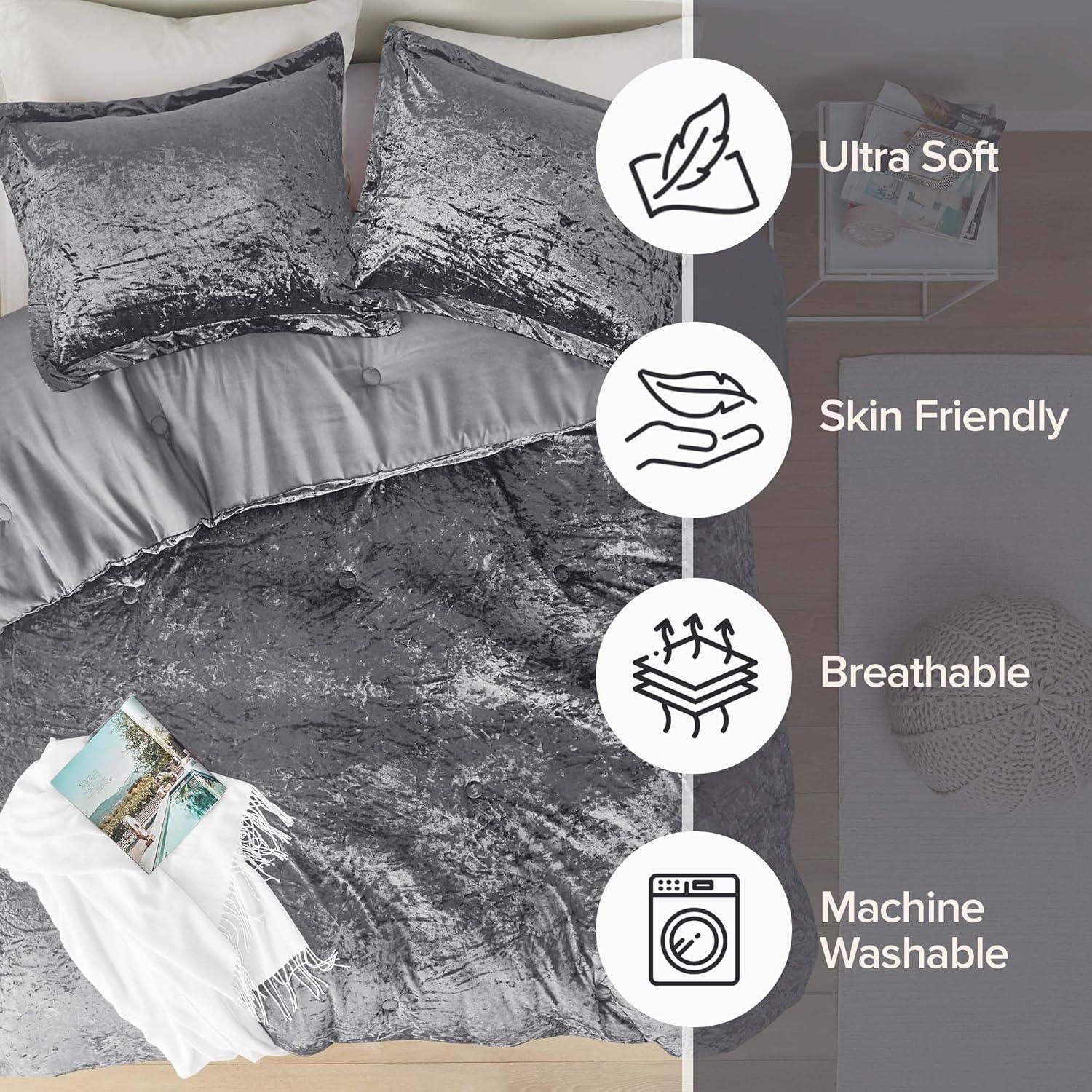 Comfort Spaces Full/Queen Cozy Velvet Comforter Sets, Luxe 3-Piece All Season Down Alternative Bedding Set, Grey Damask Comforter Bed Set with Pillow Shams