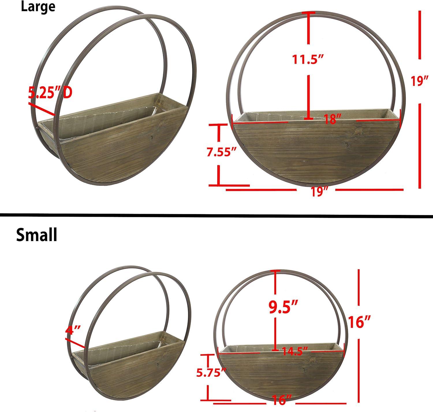 Set of 2 Round Brown Wood and Metal Wall Hanging Planters