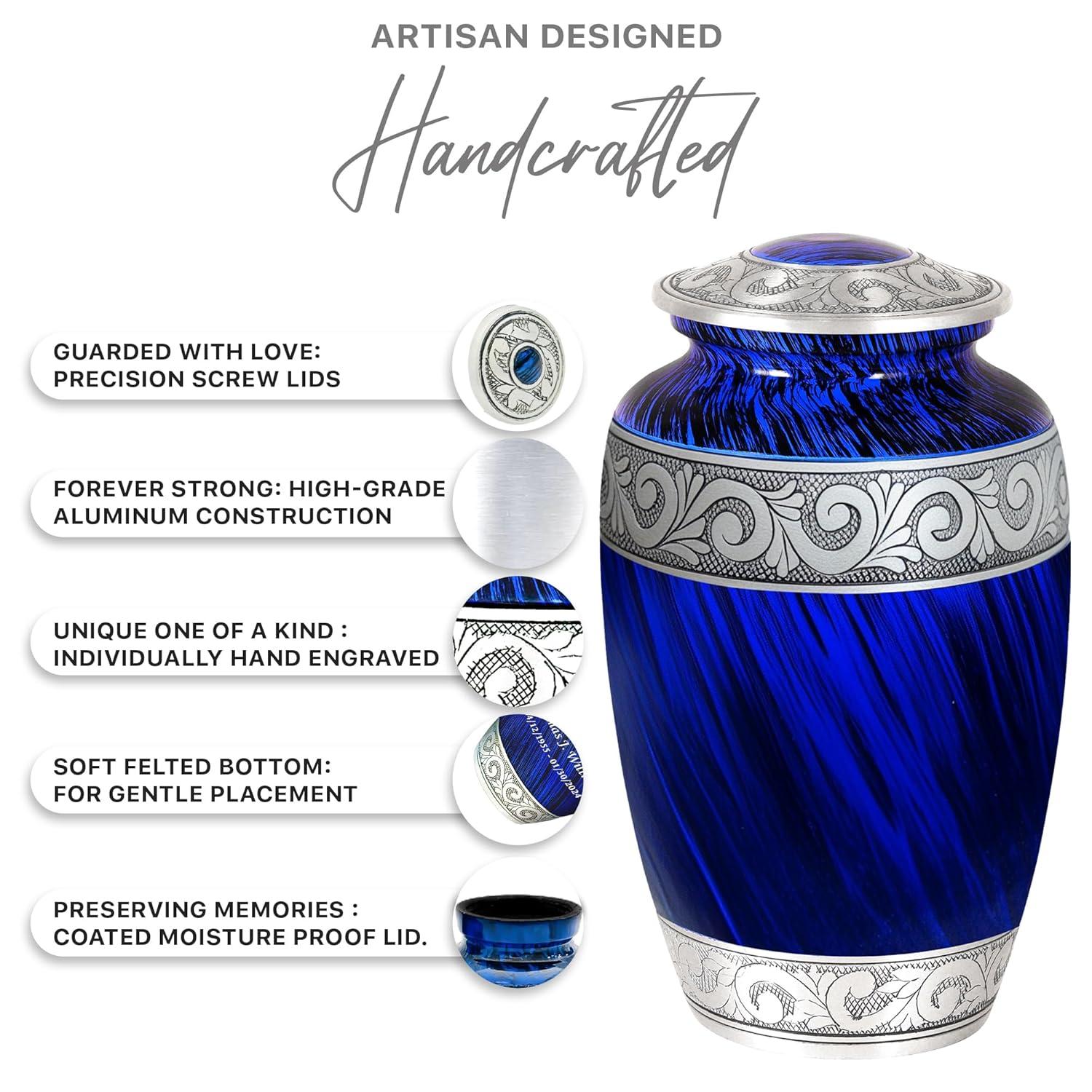 Hand-Engraved Blue Metal Urn with Necklace for Ashes