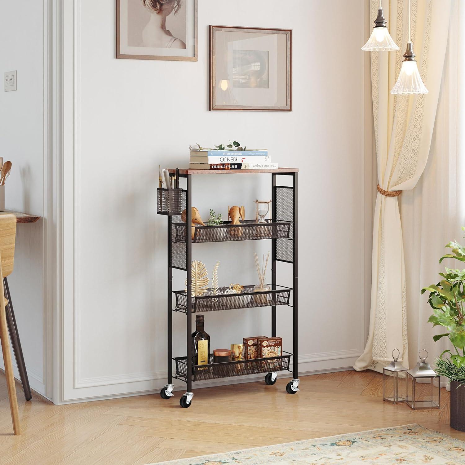 DWVO 4-Tier Slim Rolling Cart on Wheels, 34" Wooden Tabletop Kitchen Storage Organizer Cart with Wire Mesh Baskets, Slide-Out Storage Cart for Kitchen, Bathroom Living Room (White)