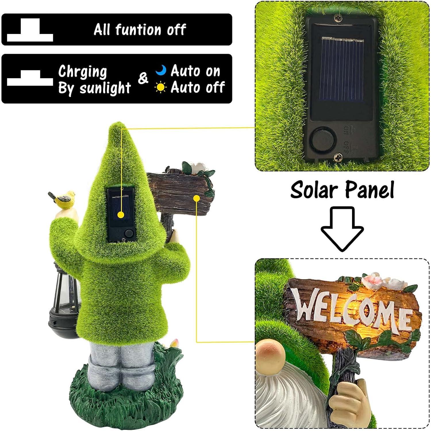 Large Solar Powered Green Garden Gnome with Lantern