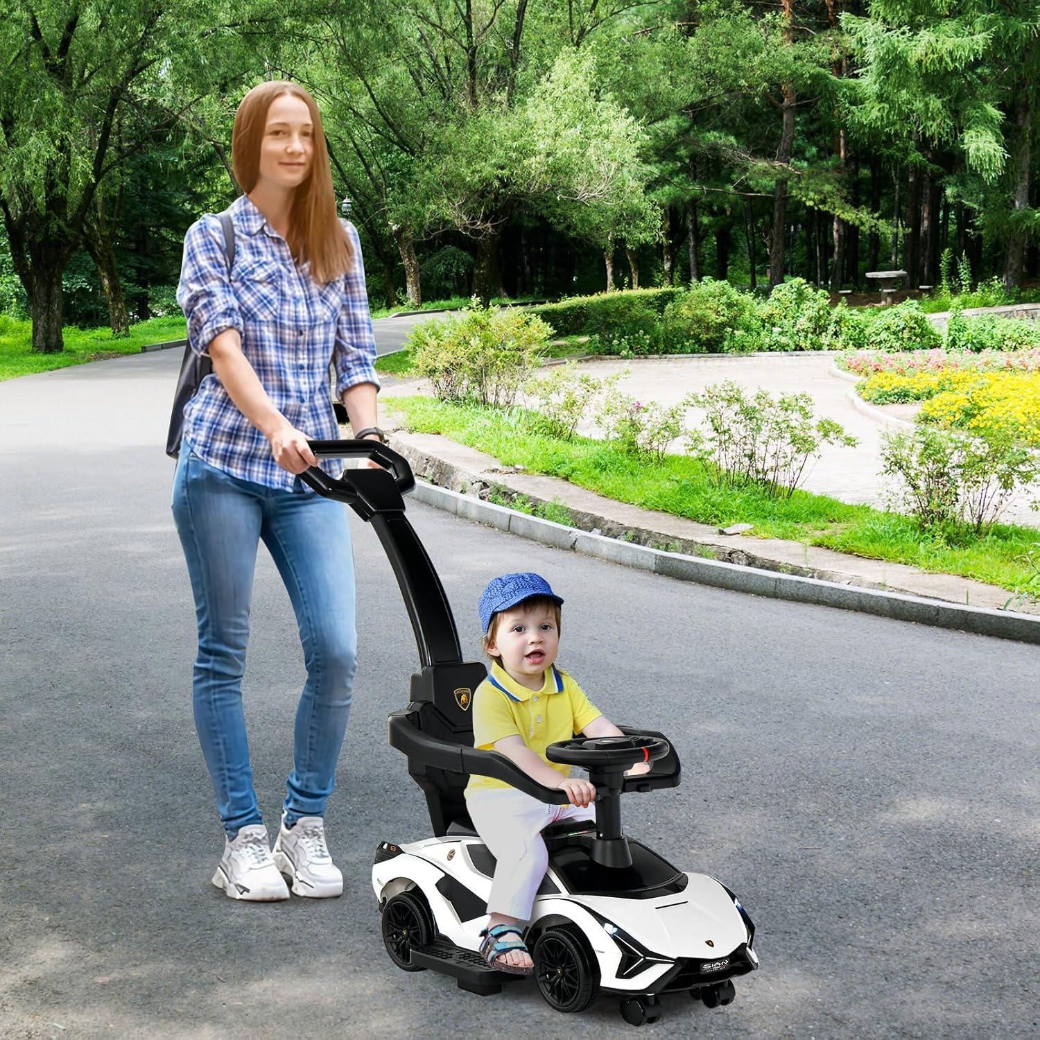 OLAKIDS 3 In 1 Ride on Push Car, Licensed Lamborghini Stroller Sliding Walking Car with Push Handle, Music, USB, Headlight, Under Seat Storage, Kids Foot-to-Floor Toy for 18-60 Months