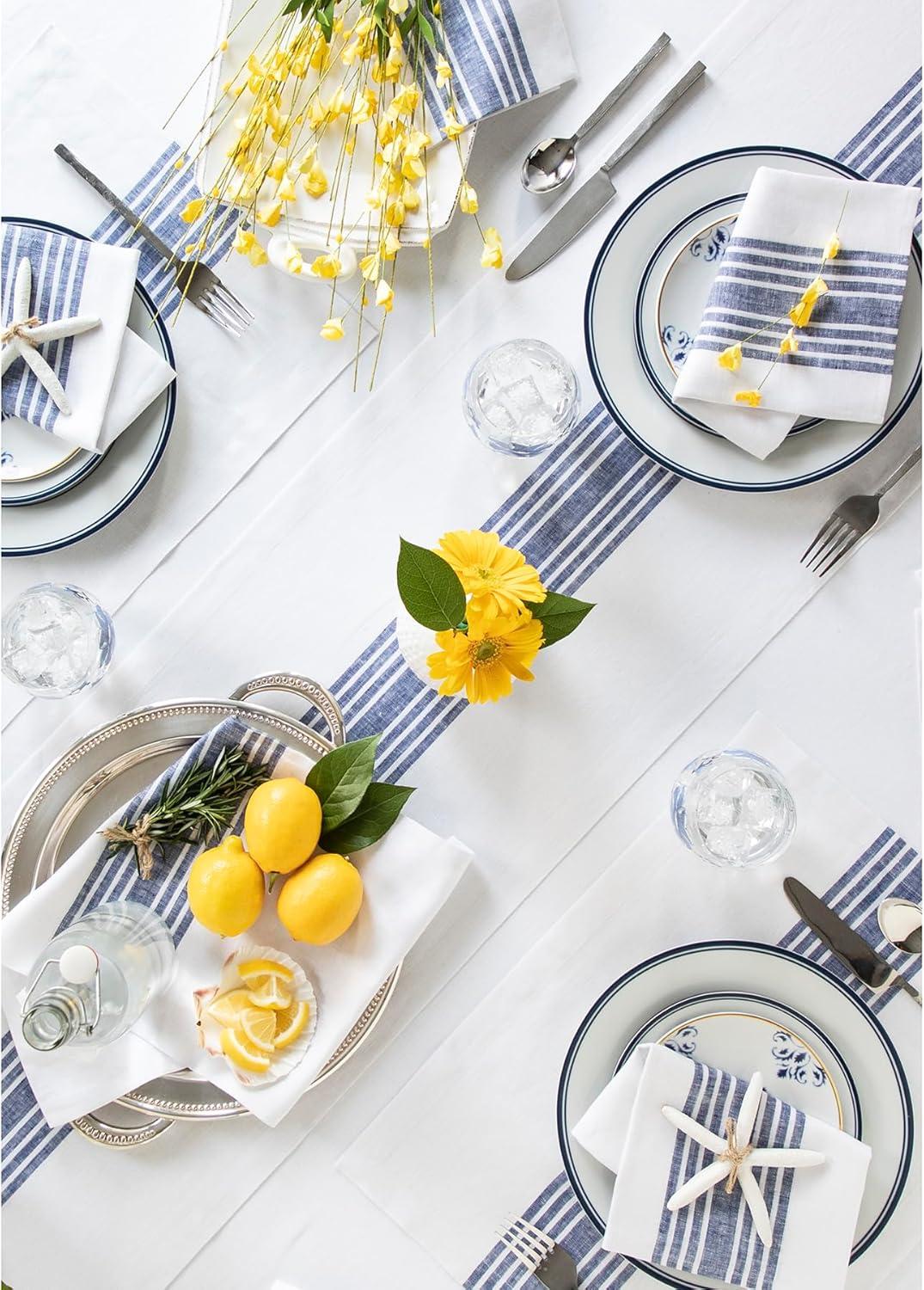 Navy and White Striped Linen Farmhouse Table Runner 16 x 108 Inch