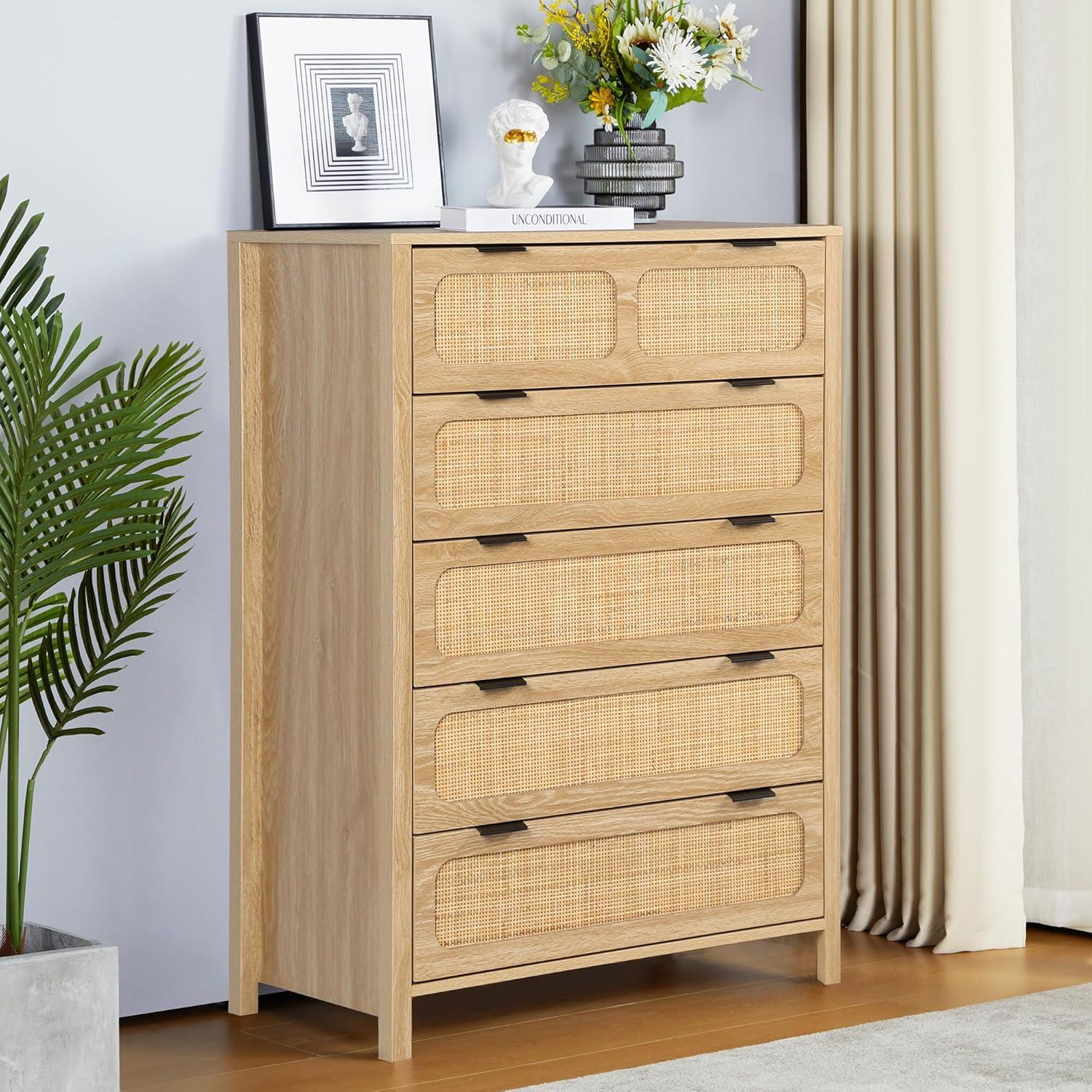 Natural Wood and Rattan 5-Drawer Storage Cabinet