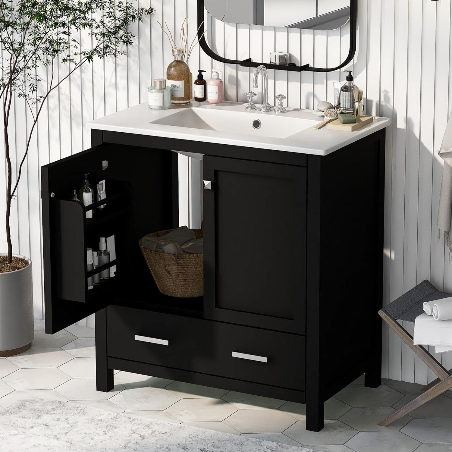 30" Bathroom Vanity with Sink, Modern Under Sink Cabinet with 2 Doors and 1 Drawer, Floor Storage Cabinet for Bathroom with Removable Divider and Double Shelf, Black