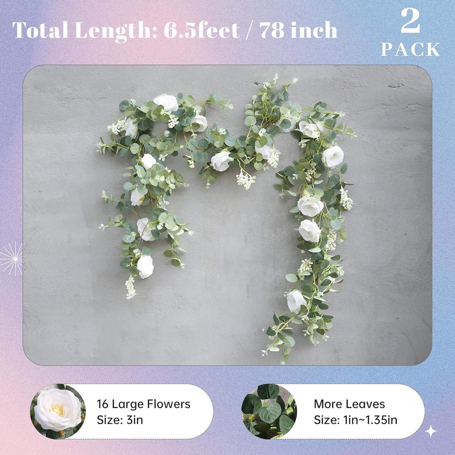 13Ft White Rose and Eucalyptus Artificial Garland Set