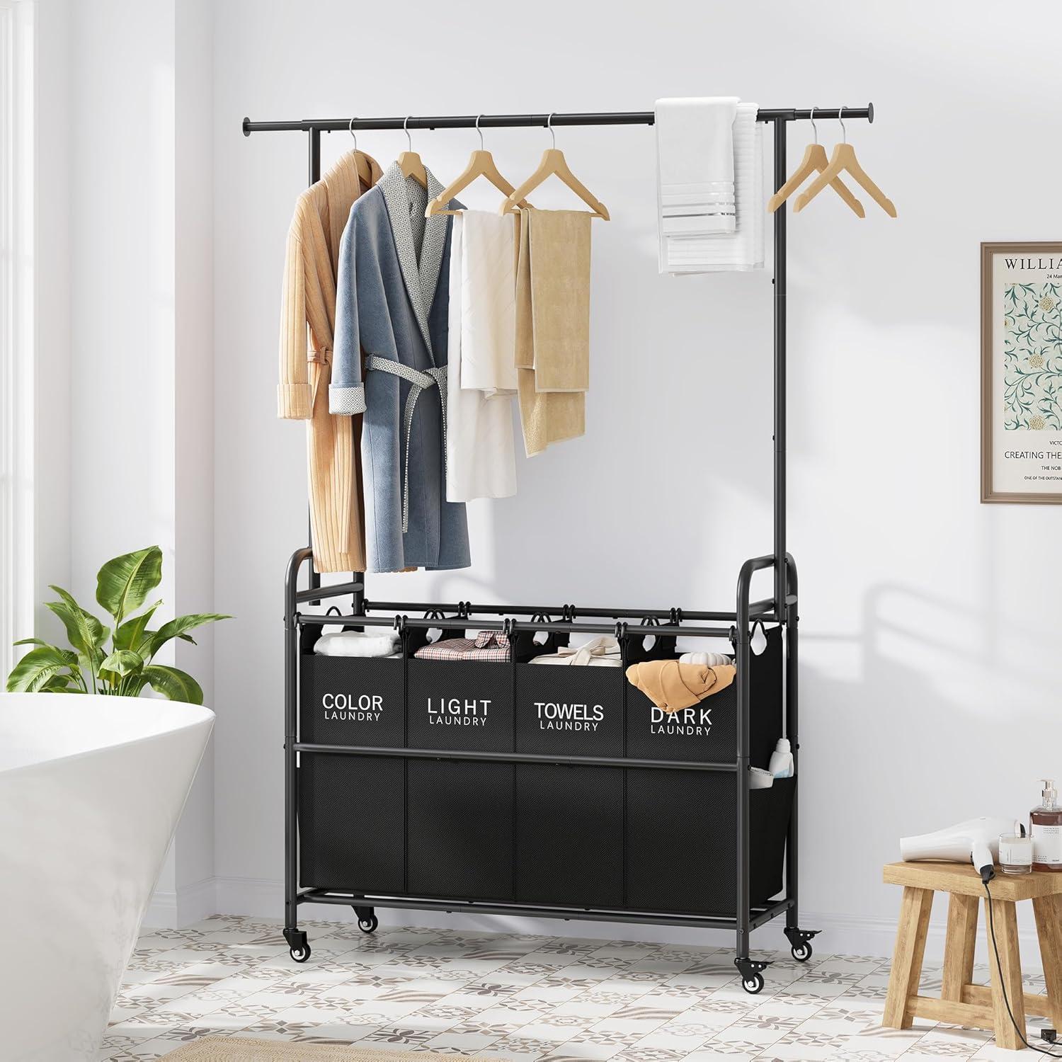 Black Metal Laundry Sorter Cart with Hanging Rack and Wheels