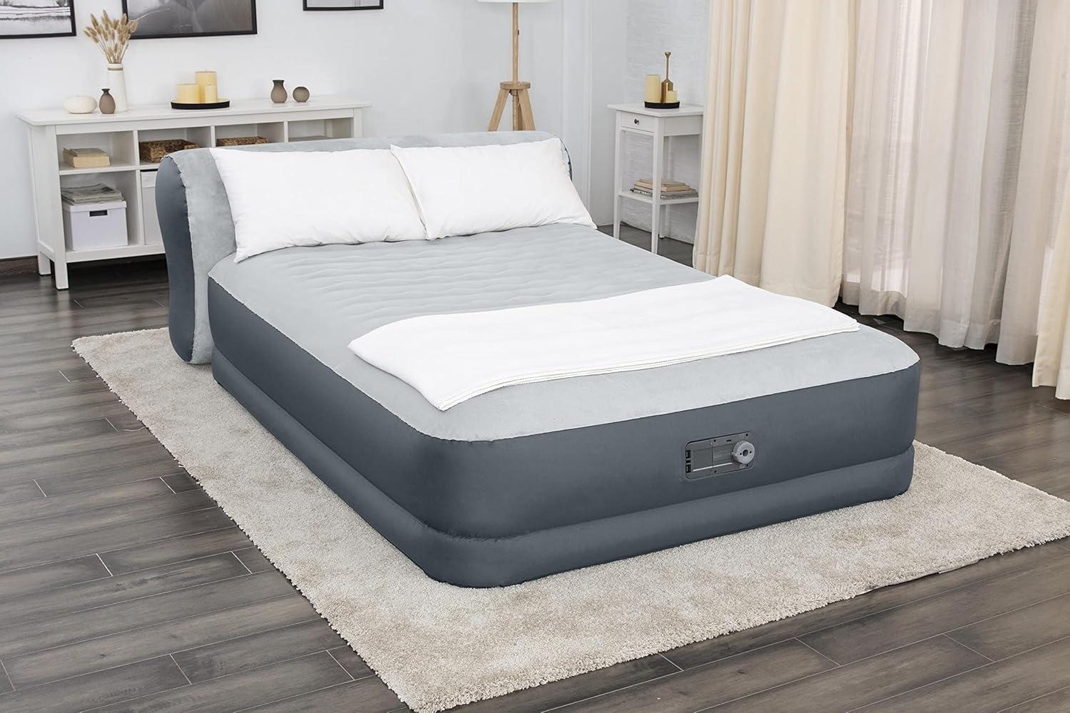 Queen Gray Raised Air Mattress with Built-in Pump and Headboard