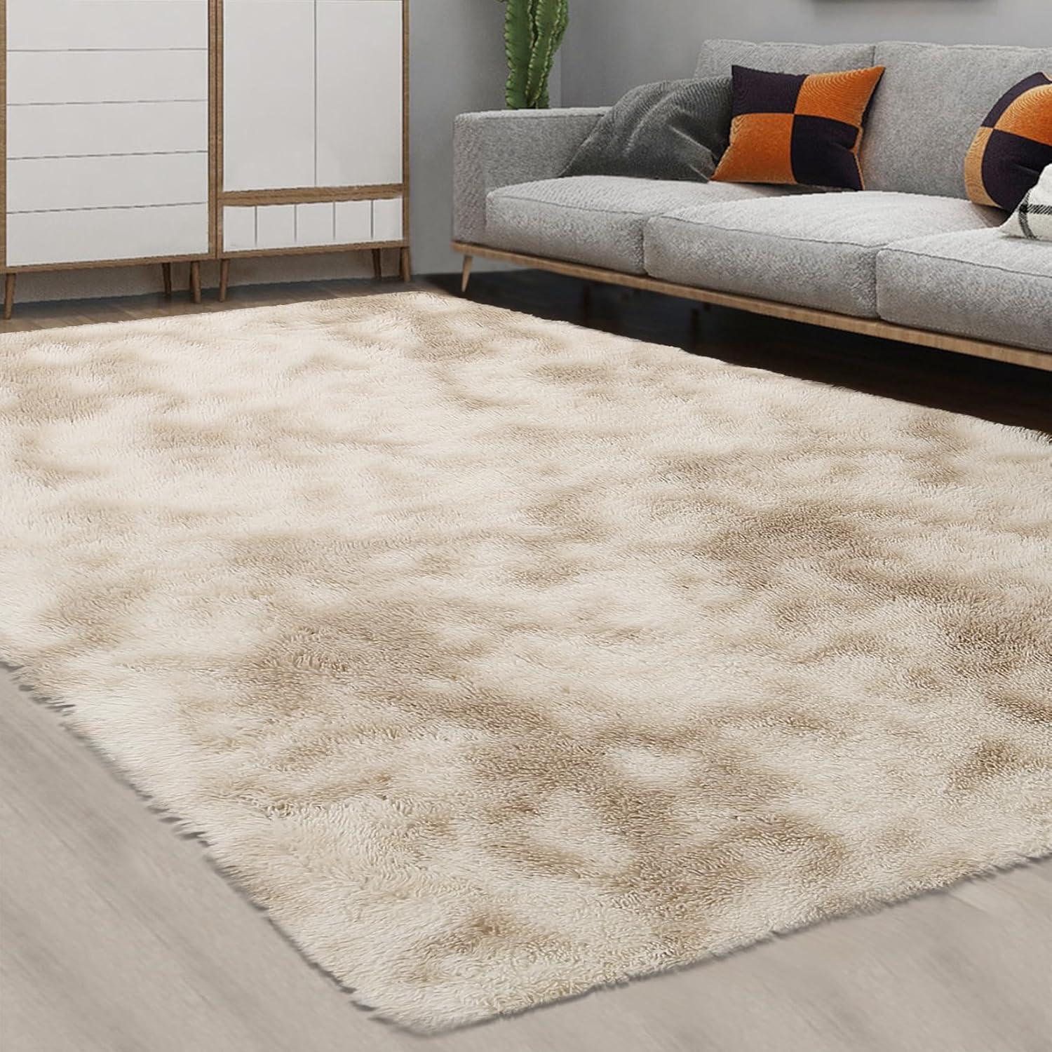 CAROMIO 9 x 12 Fluffy Area Rug for Bedroom, Fuzzy Shag Area Rug for Living Room Non-Skid Plush Large Rug Shaggy Decorative Accent Rug for Indoor Home Floor Carpet, Tie-dye Light Khaki
