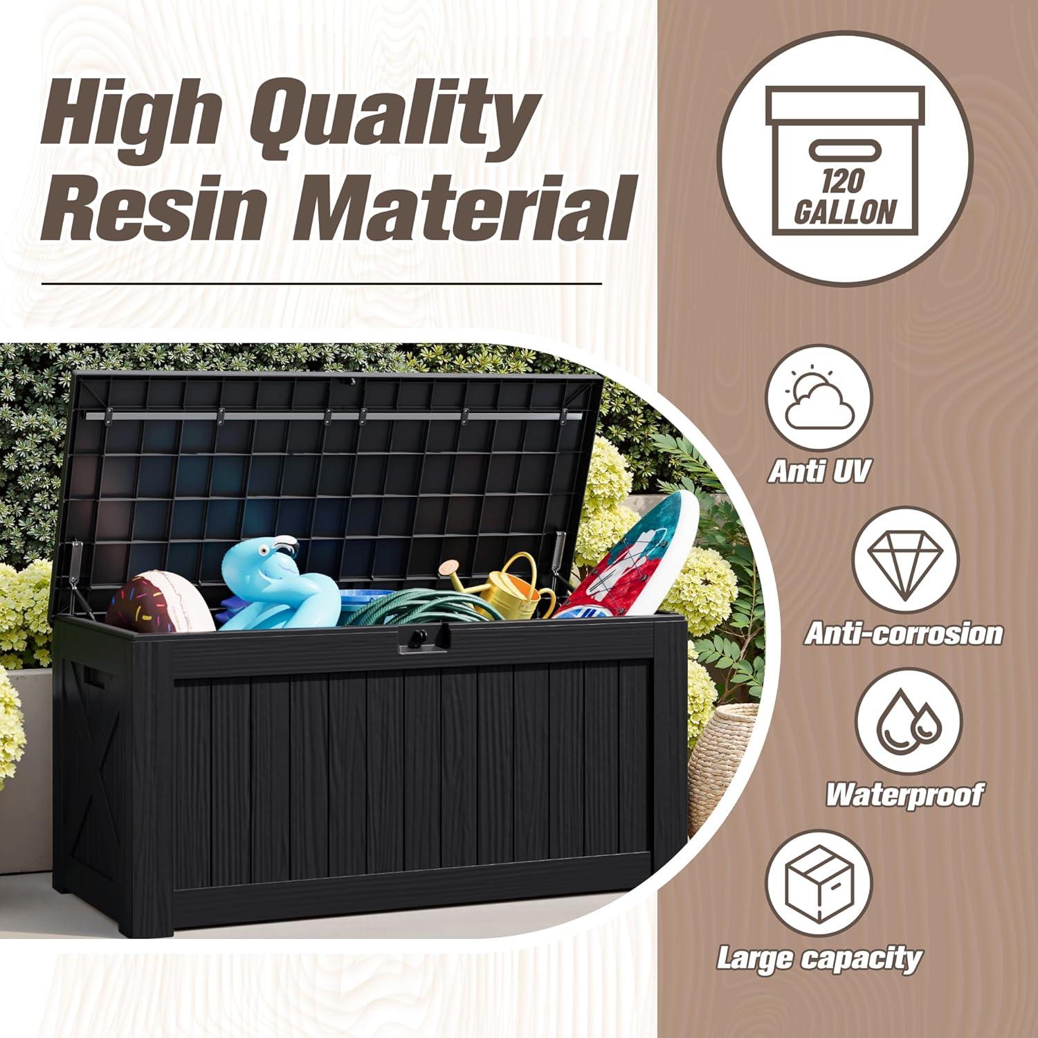 Hokku Designs Waterproof 120 Gallon Large Outdoor Indoor Patio Storage Deck Box , Outside Storage Bin for Cushion Pillows, Towels, Garden Tools