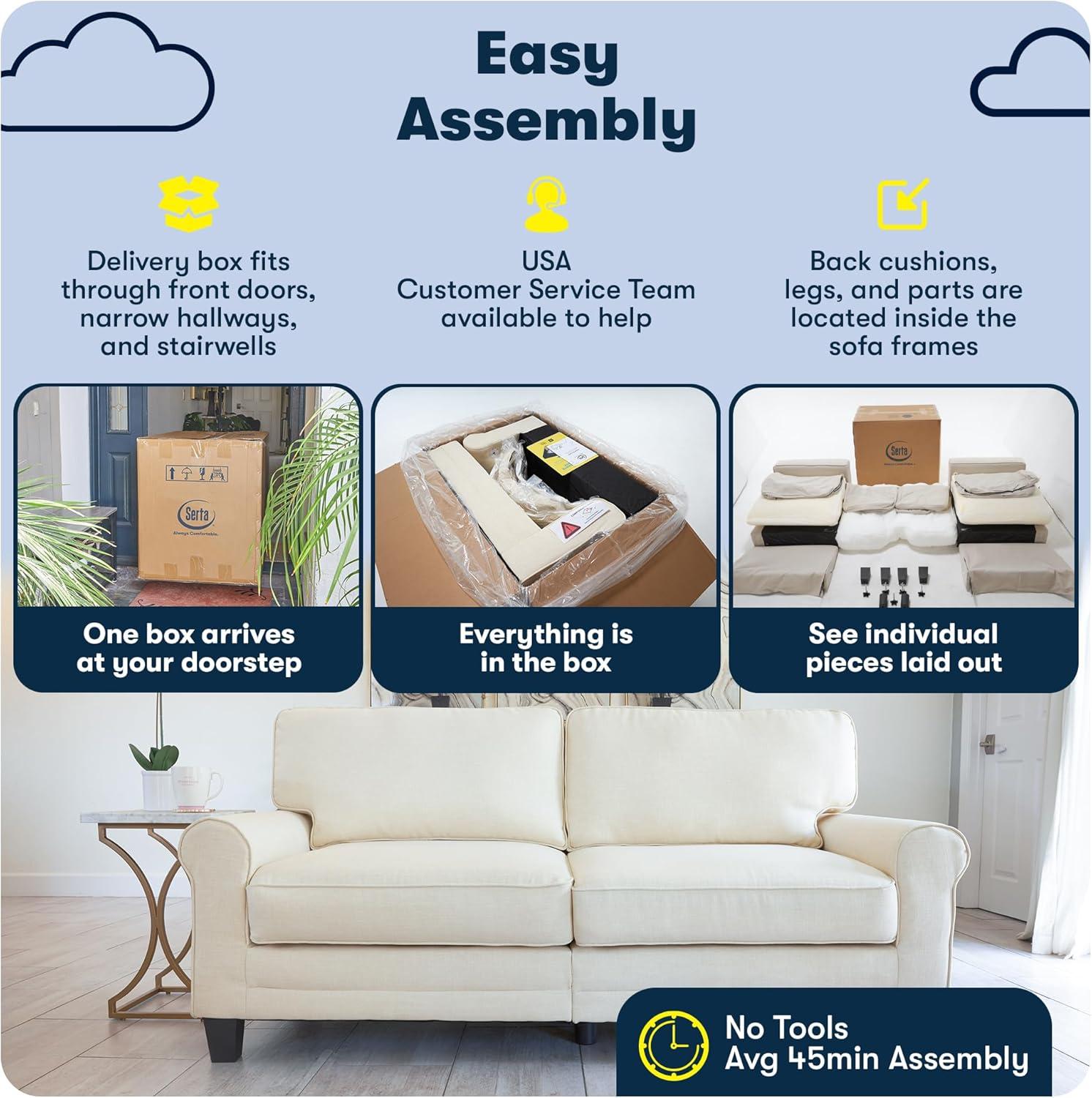 Serta Copenhagen 78" Rolled Arm Sofa, Easy Care Fabric, Soft Pillow Back, Pocket Coil Seat Cushions