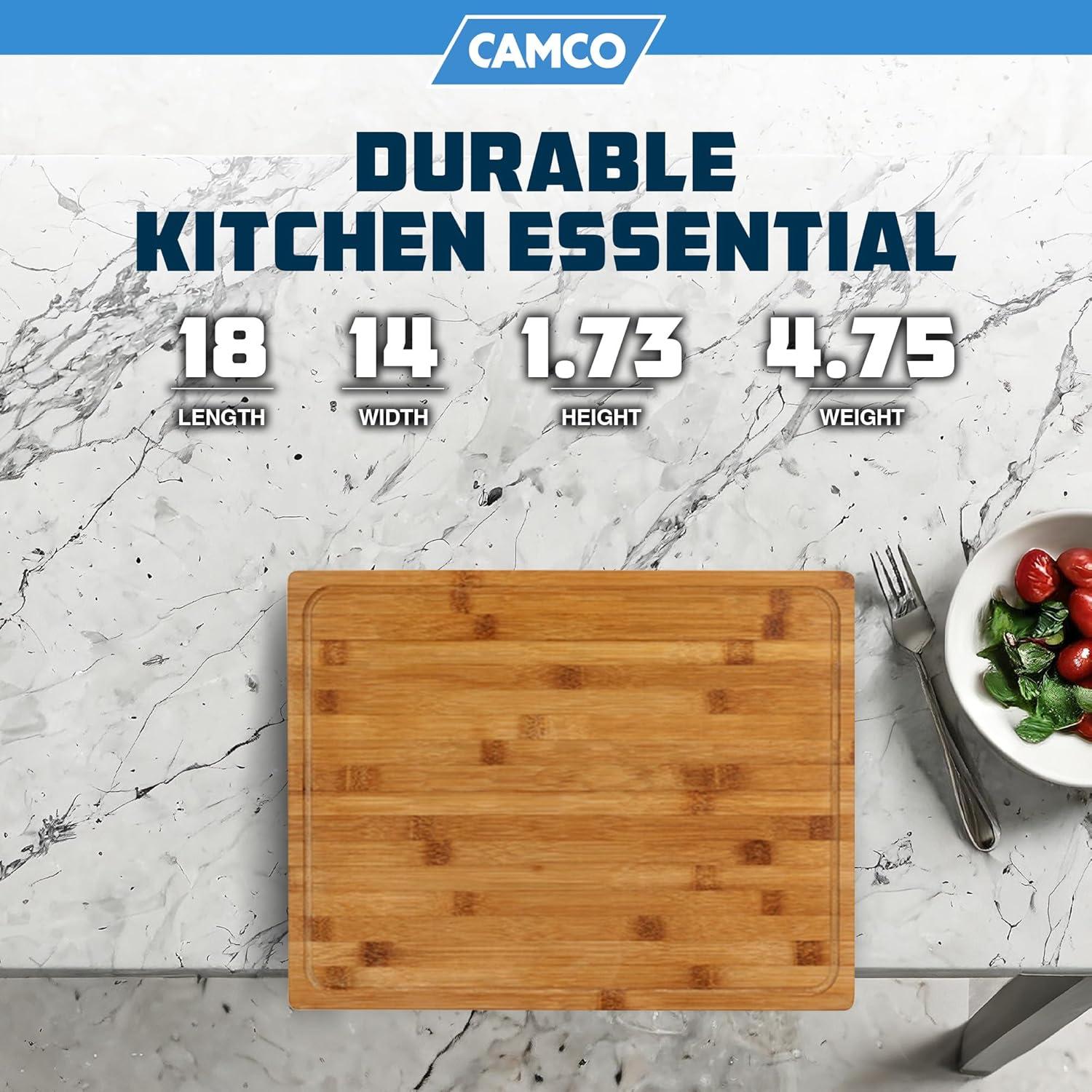 Camco Camper/RV Bamboo Cutting Board | Features Built-In Counter Edge & Juice Groove | Measures 18-inches x 14-inches x 1-3/4-inches (43545)