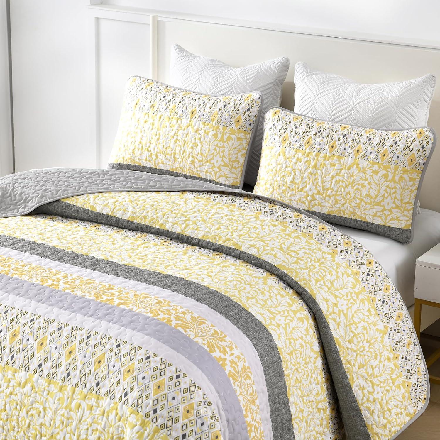 King Size Grey and Yellow Floral Microfiber Quilt Set