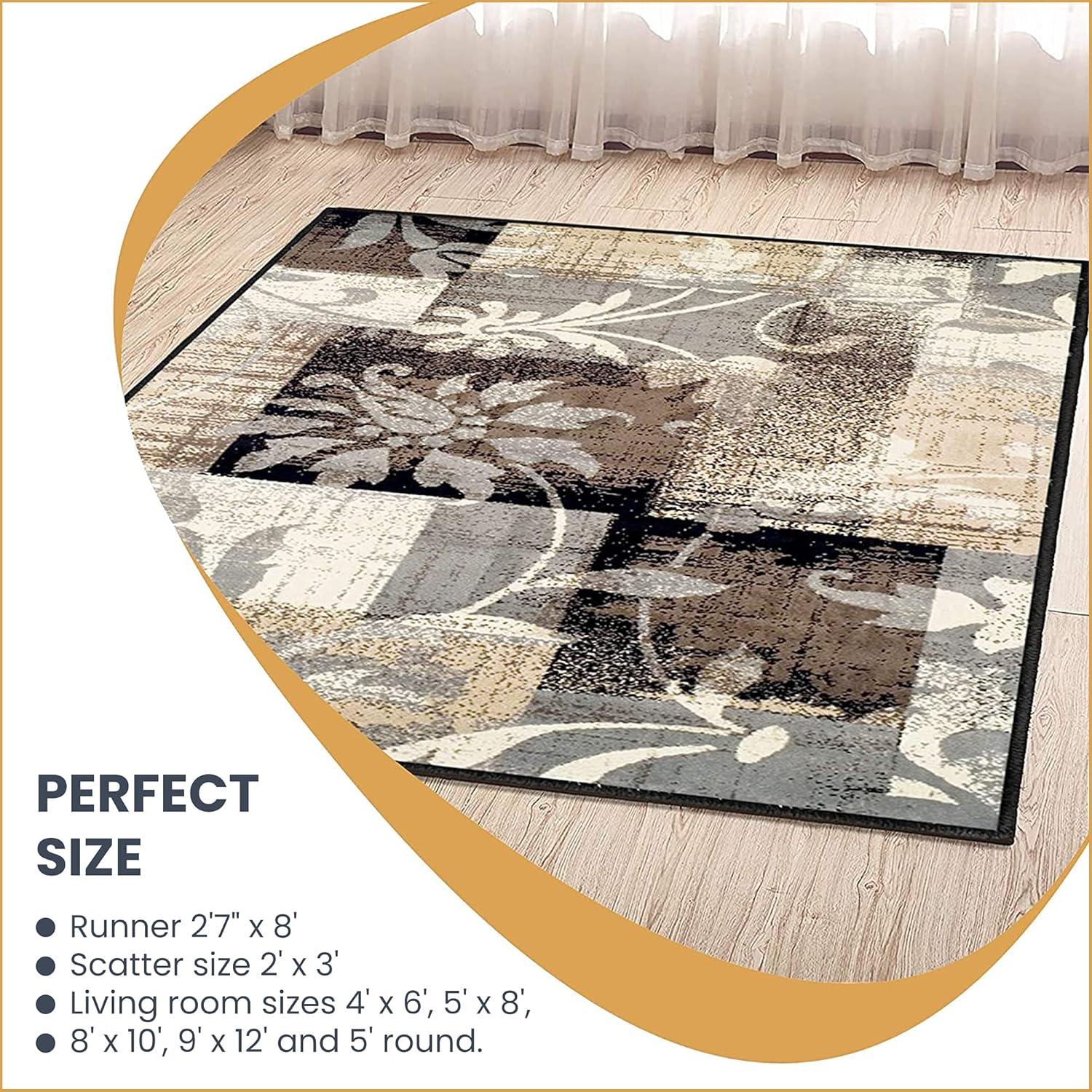 Superior Indoor Area Rug, Jute Backed, Perfect for Office, Living/Dining Room, Bedroom, Kitchen, Hallway, Entryway, Floor, Modern Floral Patchwork Decor, Pastiche Collection, 4' x 6', Beige
