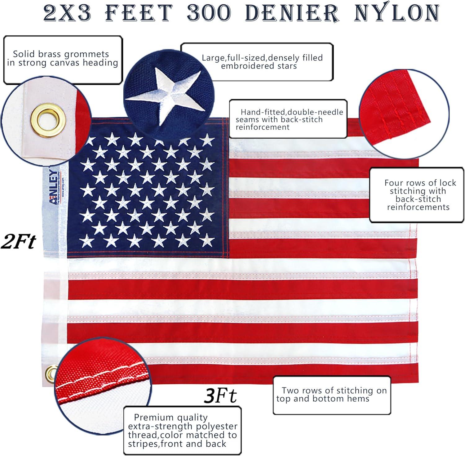 2x3 Foot Embroidered Nylon American Flag with Grommets