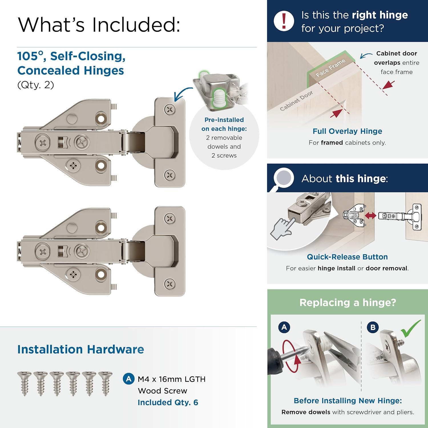 Full Overlay Face Frame Self Close Euro Concealed Cabinet Hinge - 1 Pair